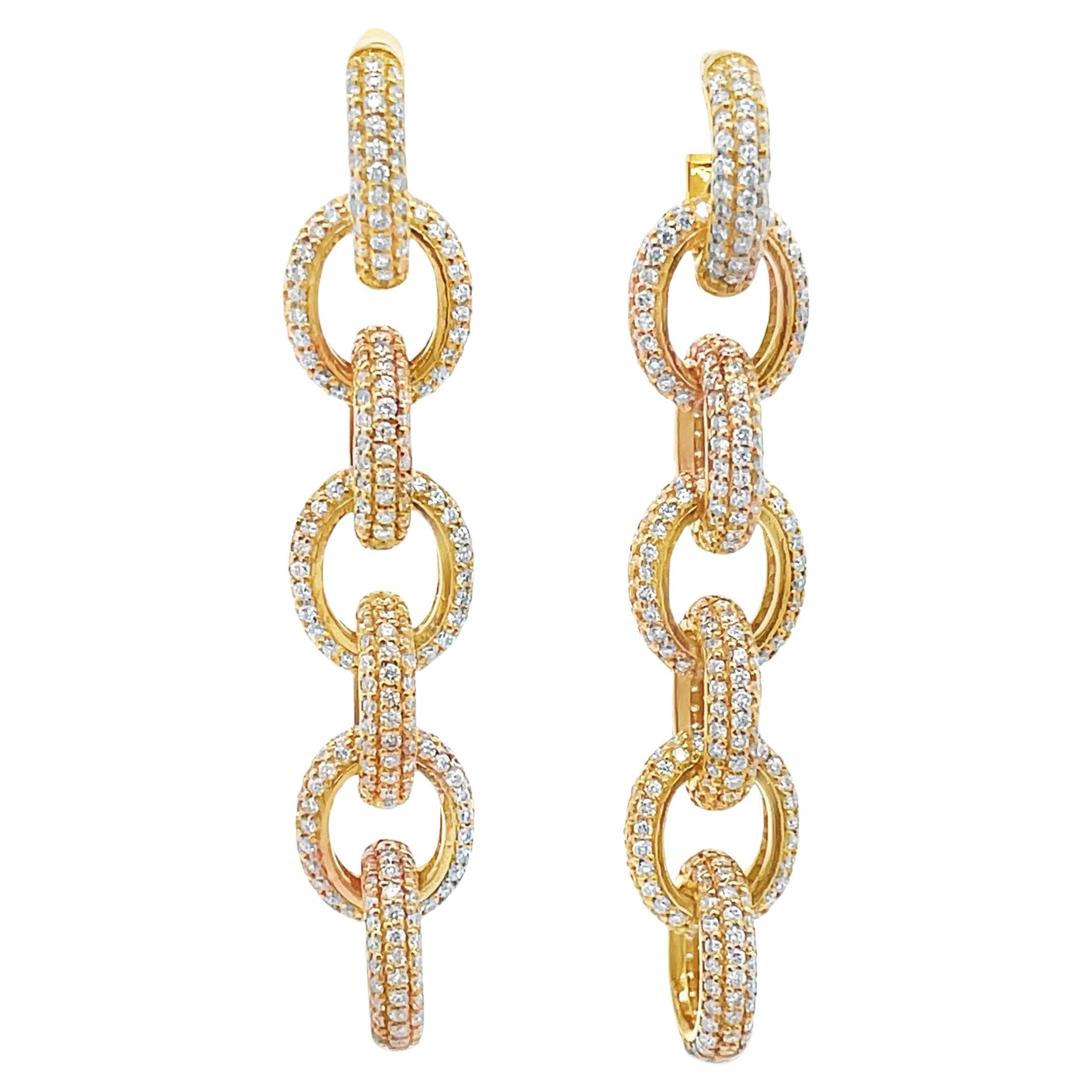 Dangling Drop Link 14K Yellow Gold Earrings with Round Natural Diamonds 5.01 Cts
