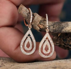 Boucles d'oreilles pendantes en or rose 14 carats, bijoux de luxe faits main avec diamants