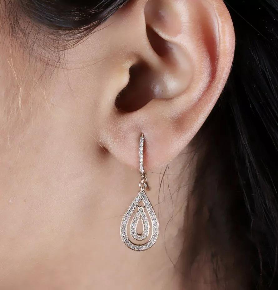 Round Cut Dangling Earring in 14K Rose Gold Handmade Luxury Diamond Jewelry For Sale