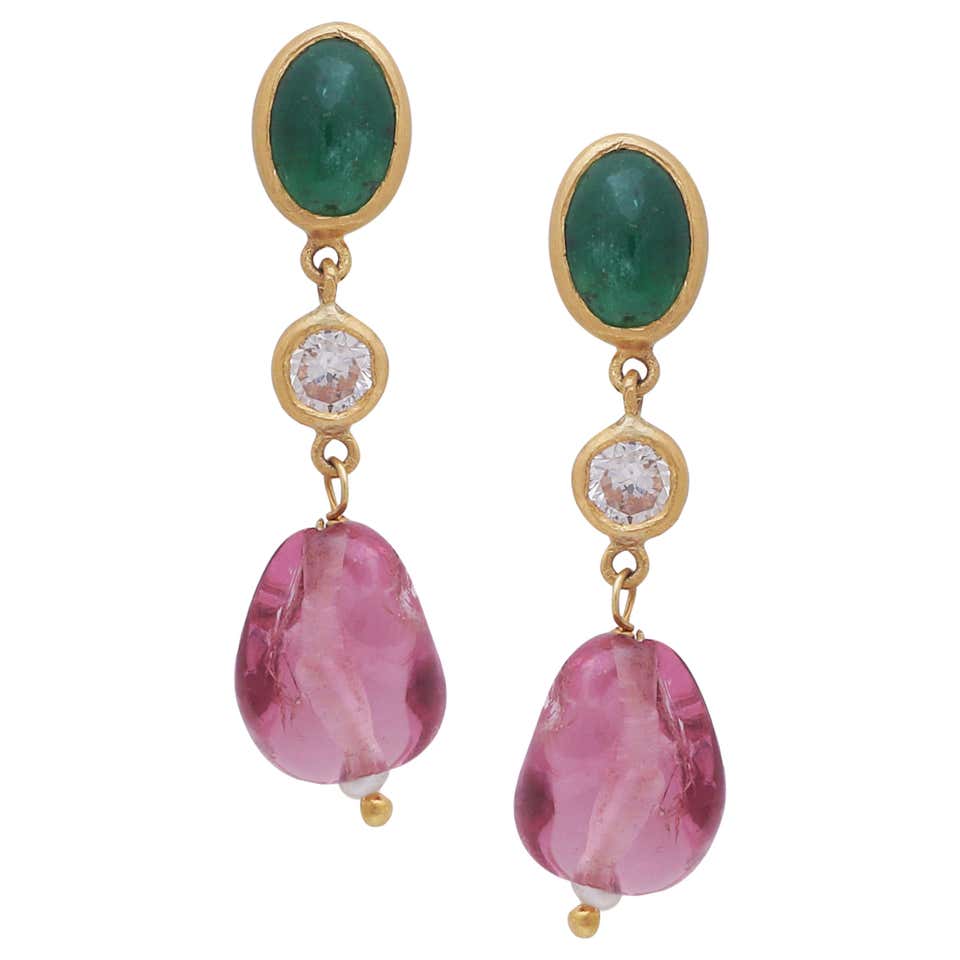 Dangling Earring with Emeralds Diamonds and Spinel Handcrafted in 22 ...