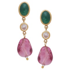 Dangling Earring with Emeralds Diamonds and Spinel Handcrafted in 22 Karat Gold