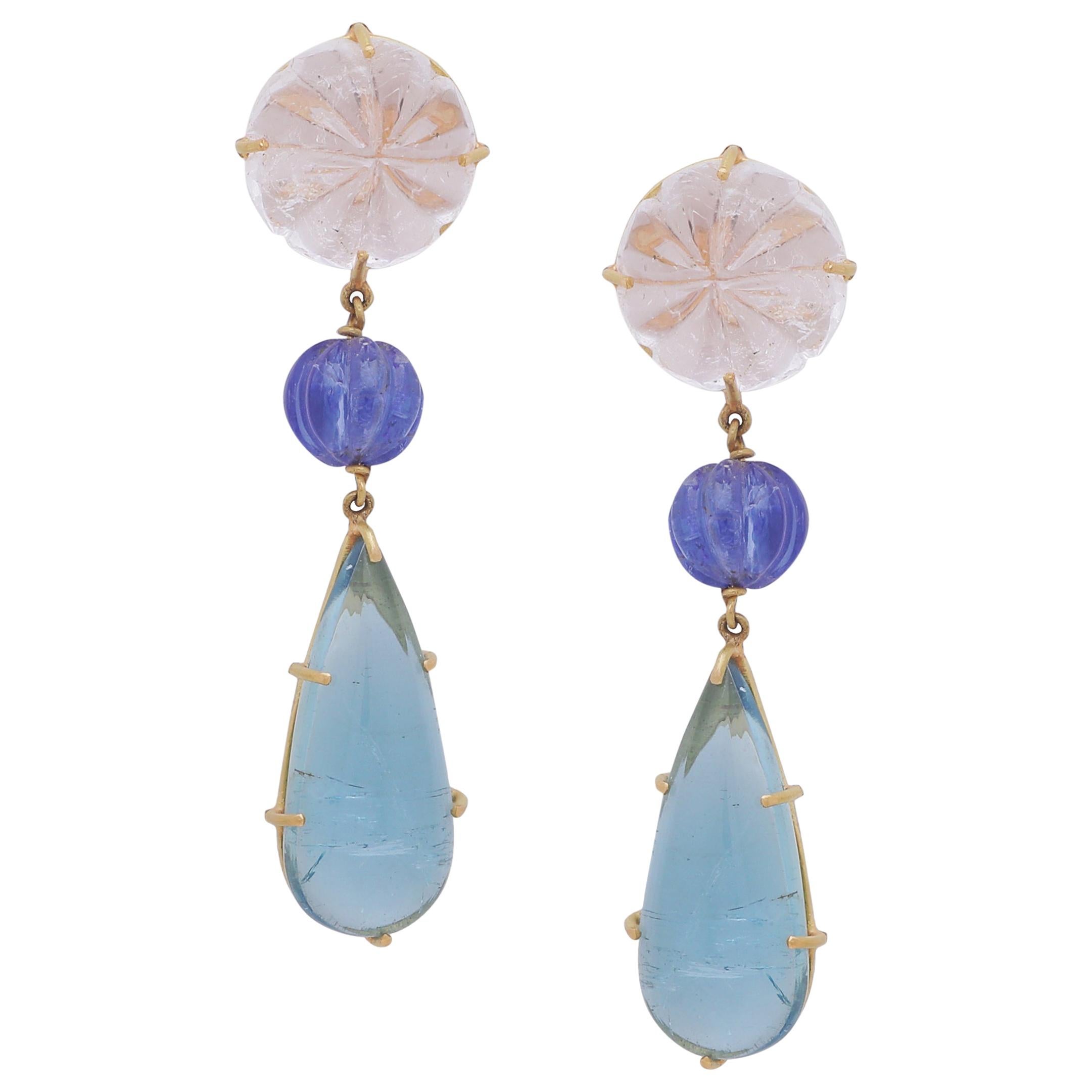 Dangling Earring with Hand Carved Tanzanite Kunzite and Aquamarine in 22k Gold