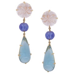 Dangling Earring with Hand Carved Tanzanite Kunzite and Aquamarine in 22k Gold