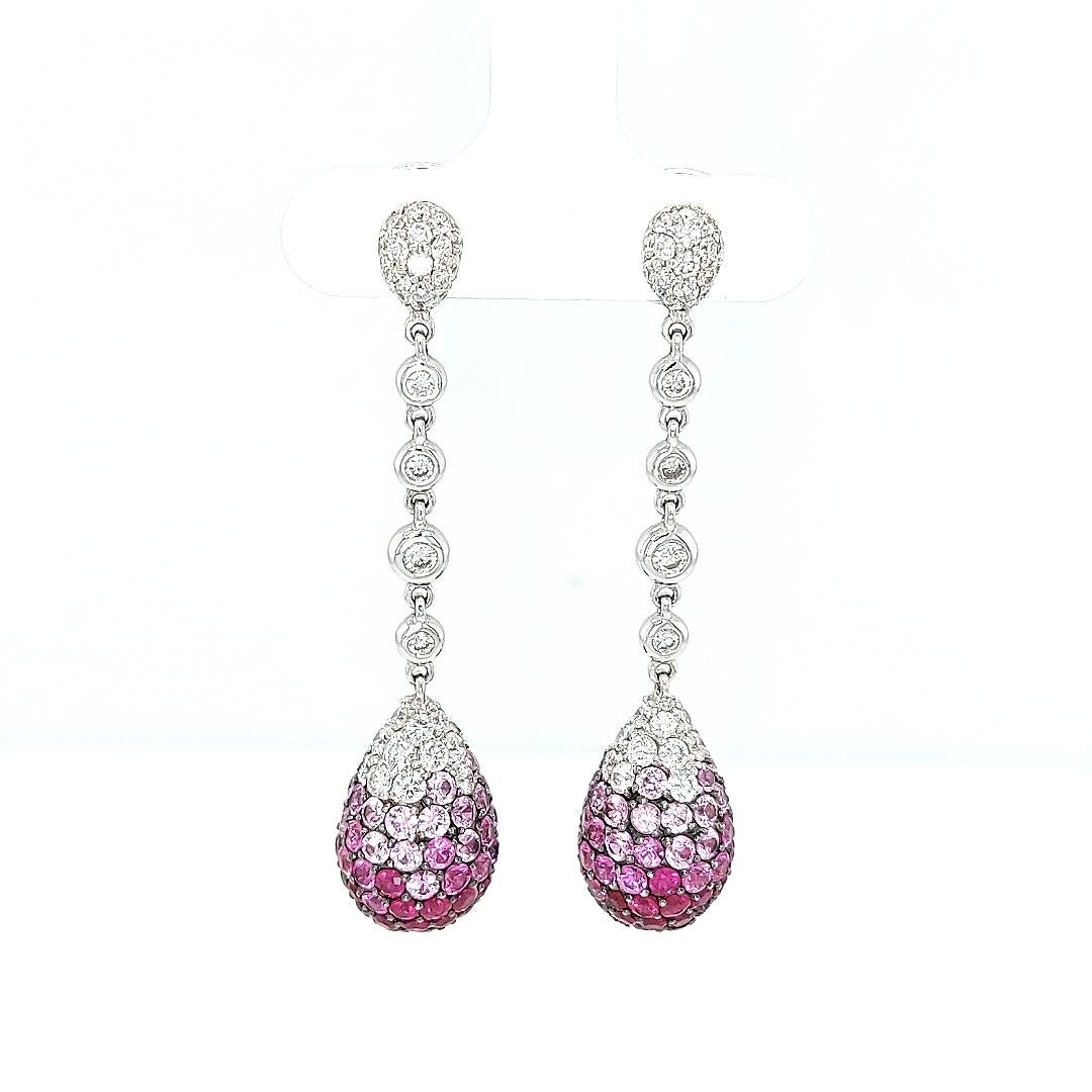 Brilliant Cut 18kt White gold Dangling Earrings, 2.5ct Diamonds, 3.57 Ruby, 5.20 Sapphire For Sale