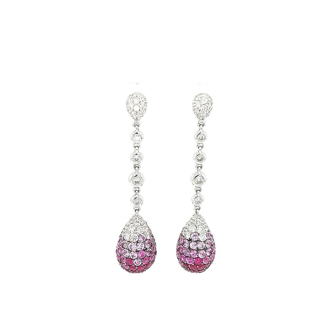 Women's or Men's 18kt White gold Dangling Earrings, 2.5ct Diamonds, 3.57 Ruby, 5.20 Sapphire For Sale