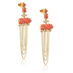 Dangling Earrings in 18 Karat Gold with Diamonds And Carved Corals