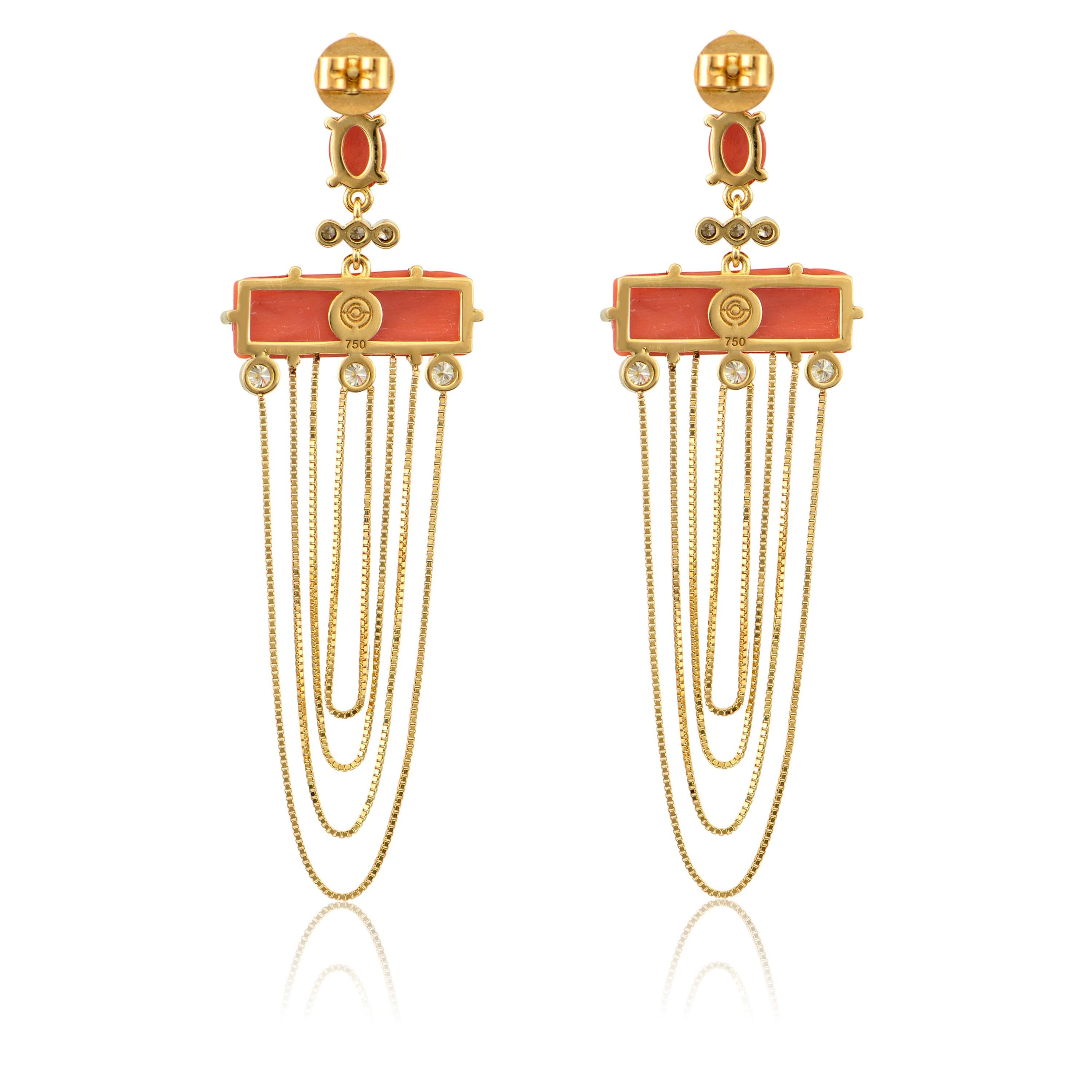 Contemporary Dangling Earrings in 18 Karat Gold with Diamonds And Carved Corals For Sale