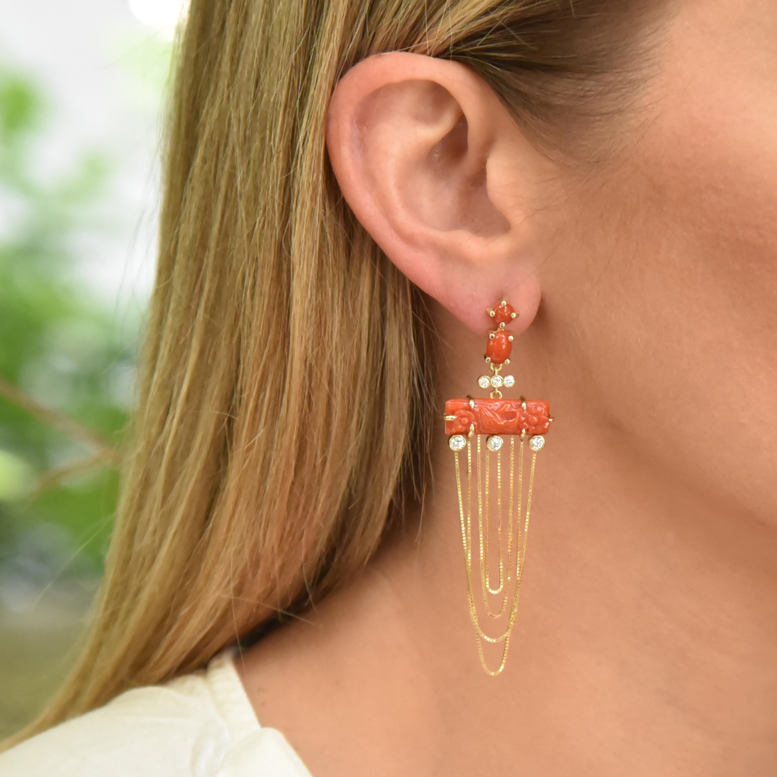Round Cut Dangling Earrings in 18 Karat Gold with Diamonds And Carved Corals For Sale