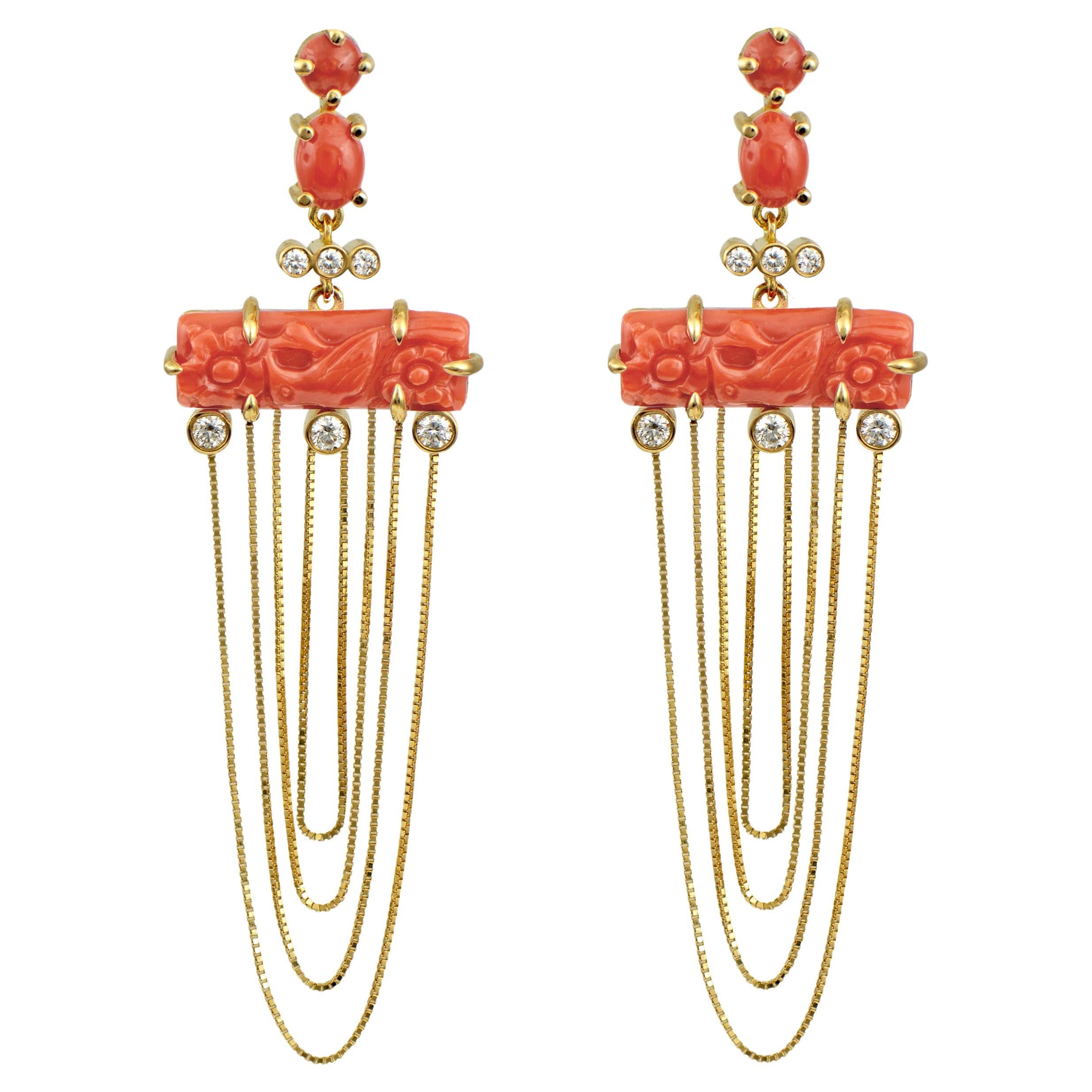 Dangling Earrings in 18 Karat Gold with Diamonds And Carved Corals