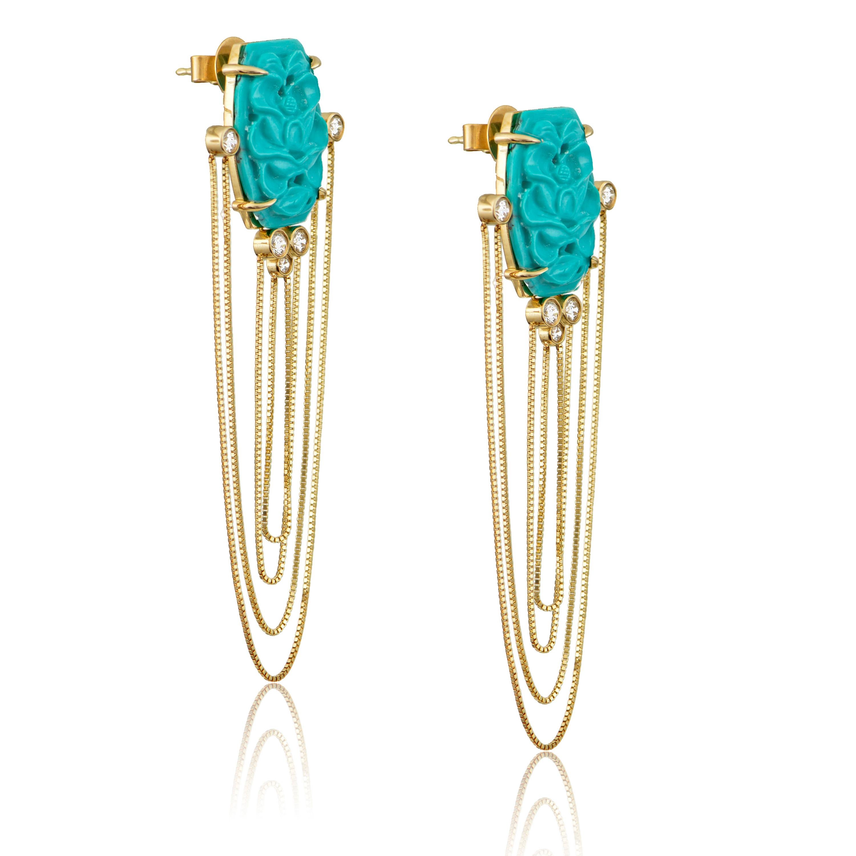 Designer: Alexia Gryllaki

Dangling Earrings

Barcode: ASR0002
Dimensions: L65x21mm
Weight: approximately 10.8g (pair)

Materials:
18 karat gold 
round brilliant-cut colorless diamonds approx. 0.54cts
carved turquoise approx. 13.7cts


Prices might