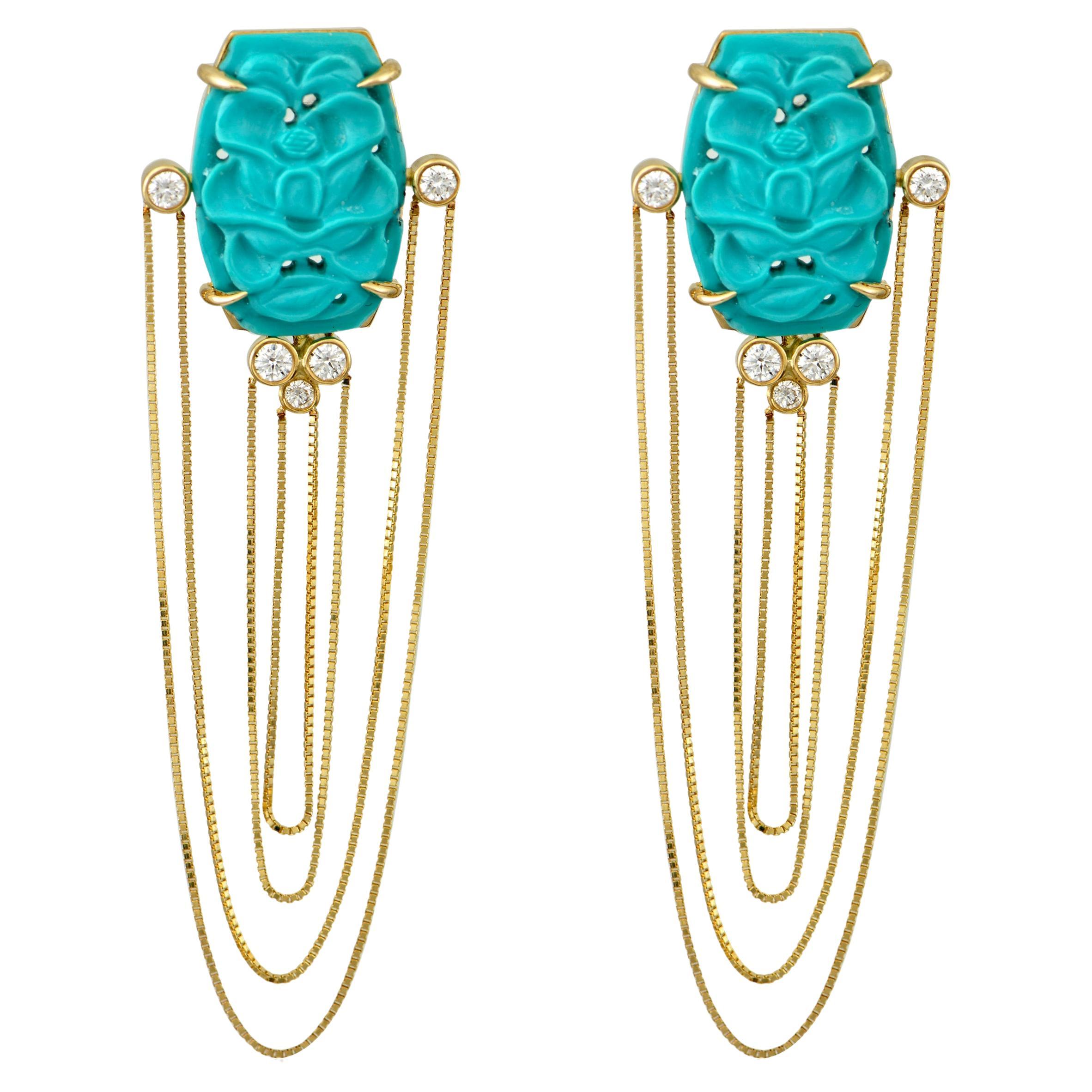 Dangling Earrings in 18 Karat Gold with Diamonds And Carved Turquoise