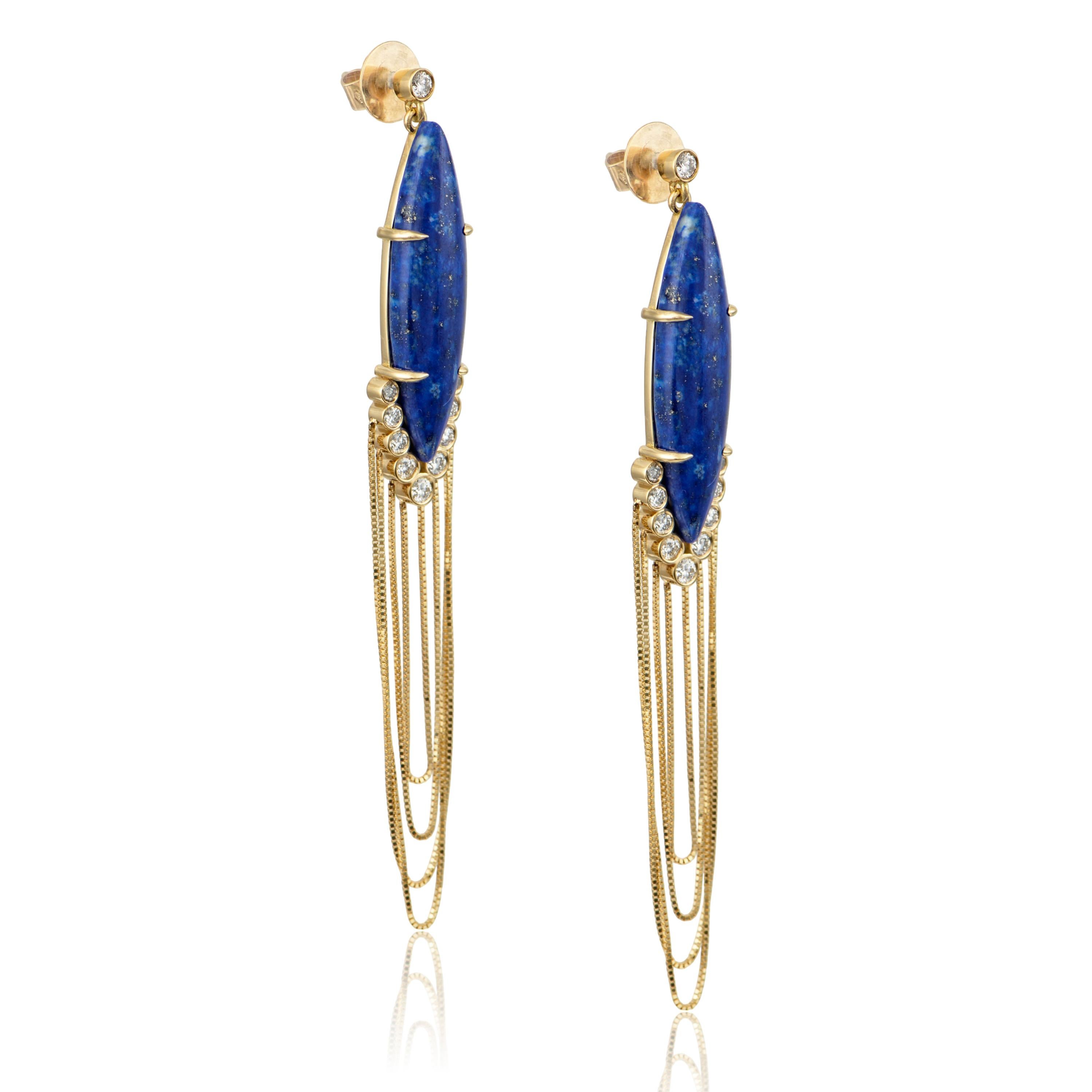 Designer: Alexia Gryllaki

Dangling Earrings

Barcode: ASR0001
Dimensions: L85x10mm
Weight: approximately 15.1g (pair)

Materials:
18 karat gold 
round brilliant-cut colorless diamonds approx. 0.84cts
marquise cabochon lapis lazuli approx.