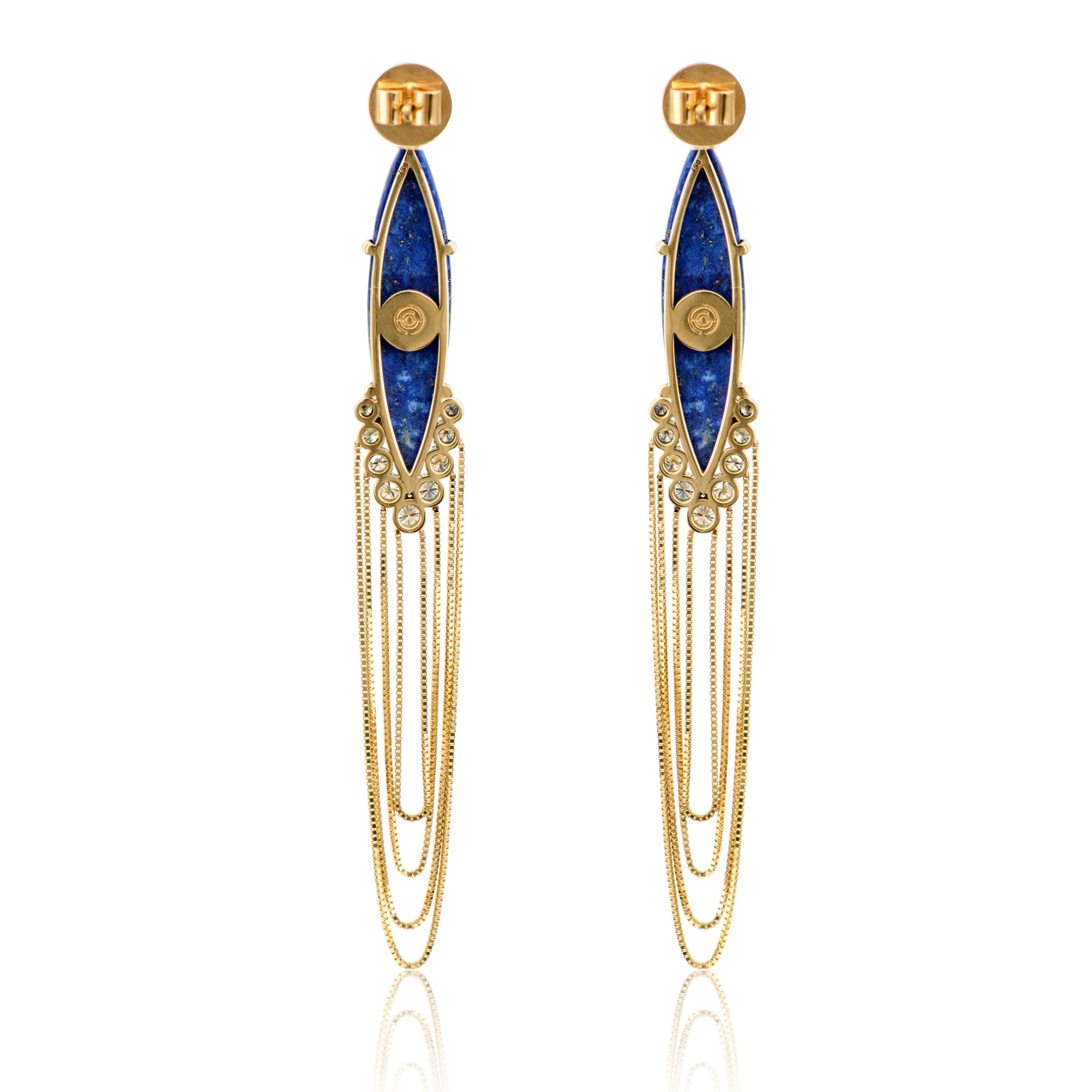 Contemporary Dangling Earrings in 18 Karat Gold with Diamonds And Lapis Lazuli For Sale