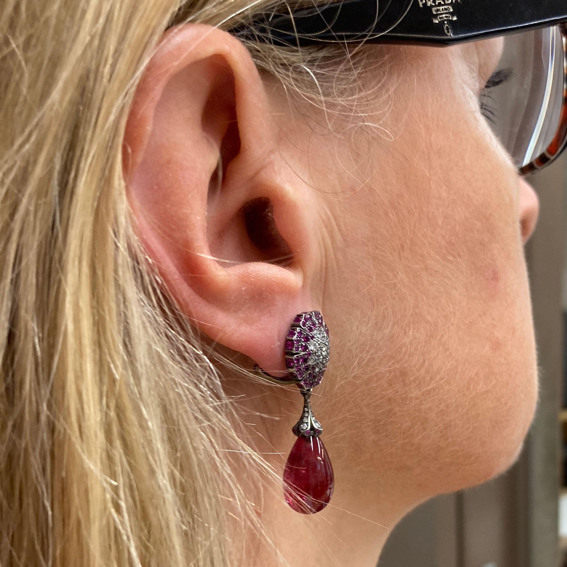 Contemporary Drop Earrings in 18 Karat White Gold Diamond Pink Sapphire and Rubellite For Sale