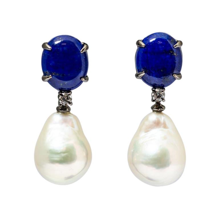  Lapis Lazuli ,Dangling Earrings,  Baroque Pearls, Diamonds in Black Gold For Sale