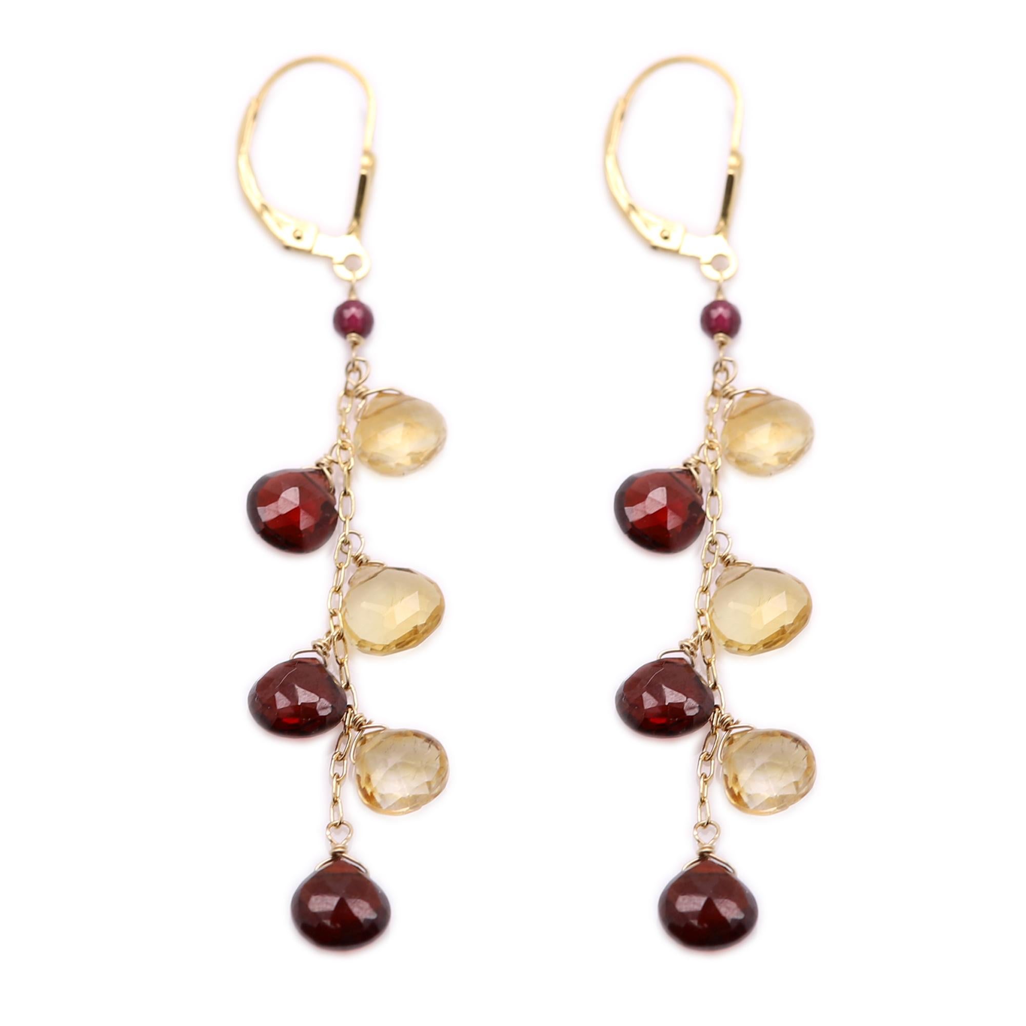 Dangling Earrings Multi Color Semi Precious Gems 14 Karat Yellow Gold For Sale 3