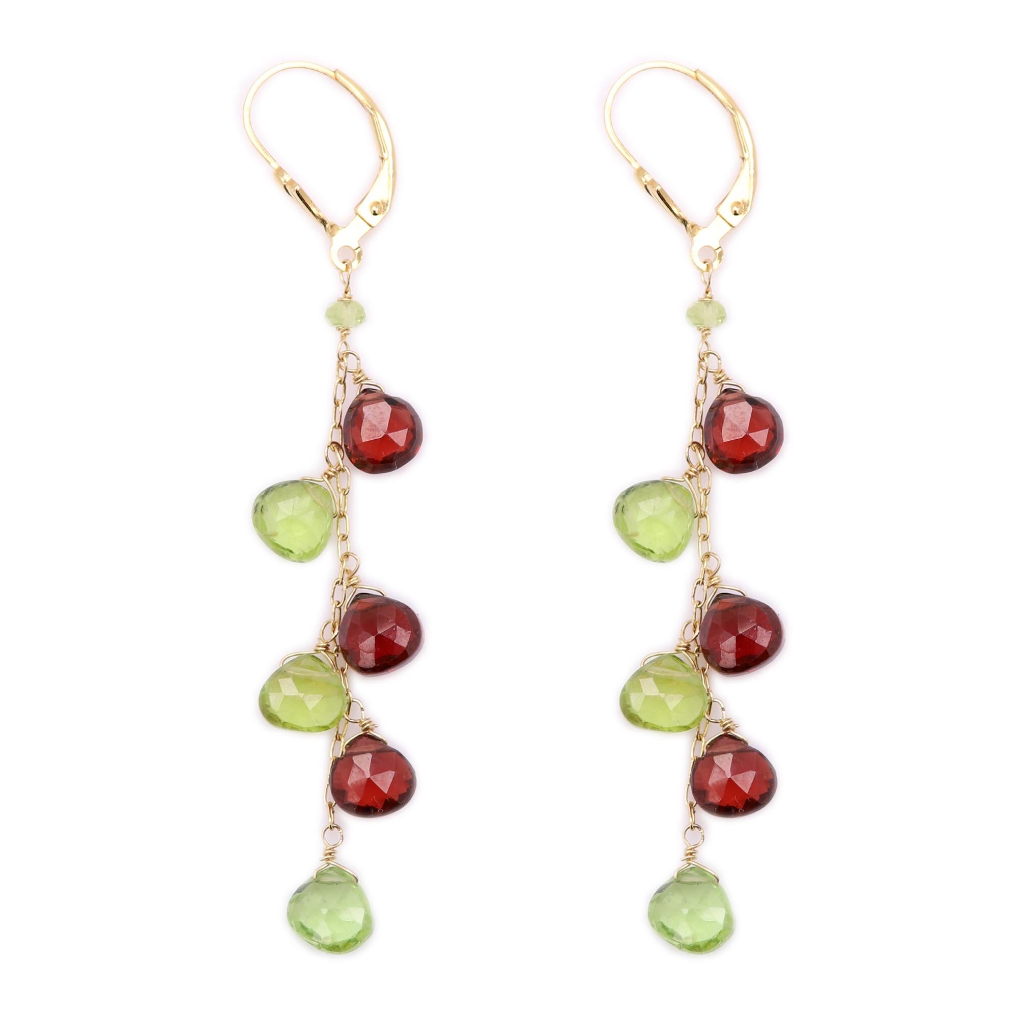 Dangling Earrings Multi Color Semi Precious Gems 14 Karat Yellow Gold For Sale 2