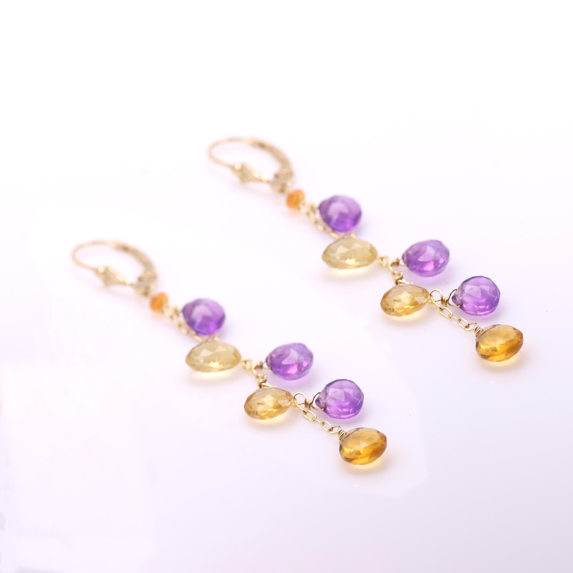 Boucles d'oreilles pendantes en or jaune 14 carats avec pierres semi-précieuses multicolores Pour femmes en vente