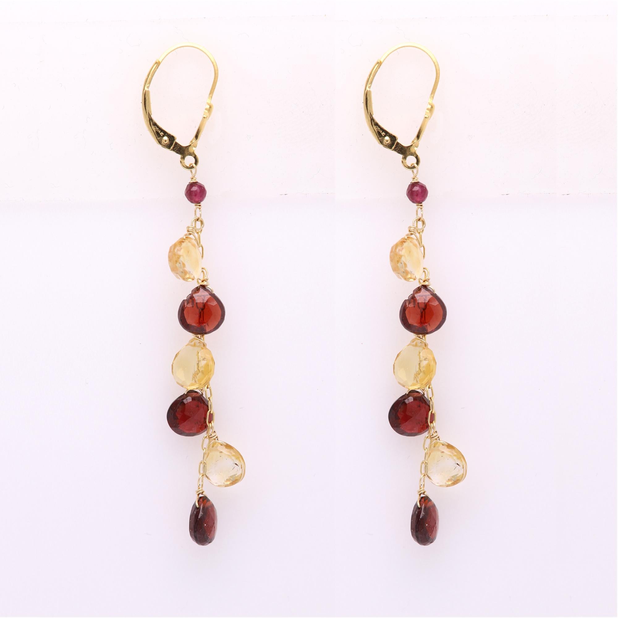 Heart Cut Dangling Earrings Multi Color Semi Precious Gems 14 Karat Yellow Gold For Sale