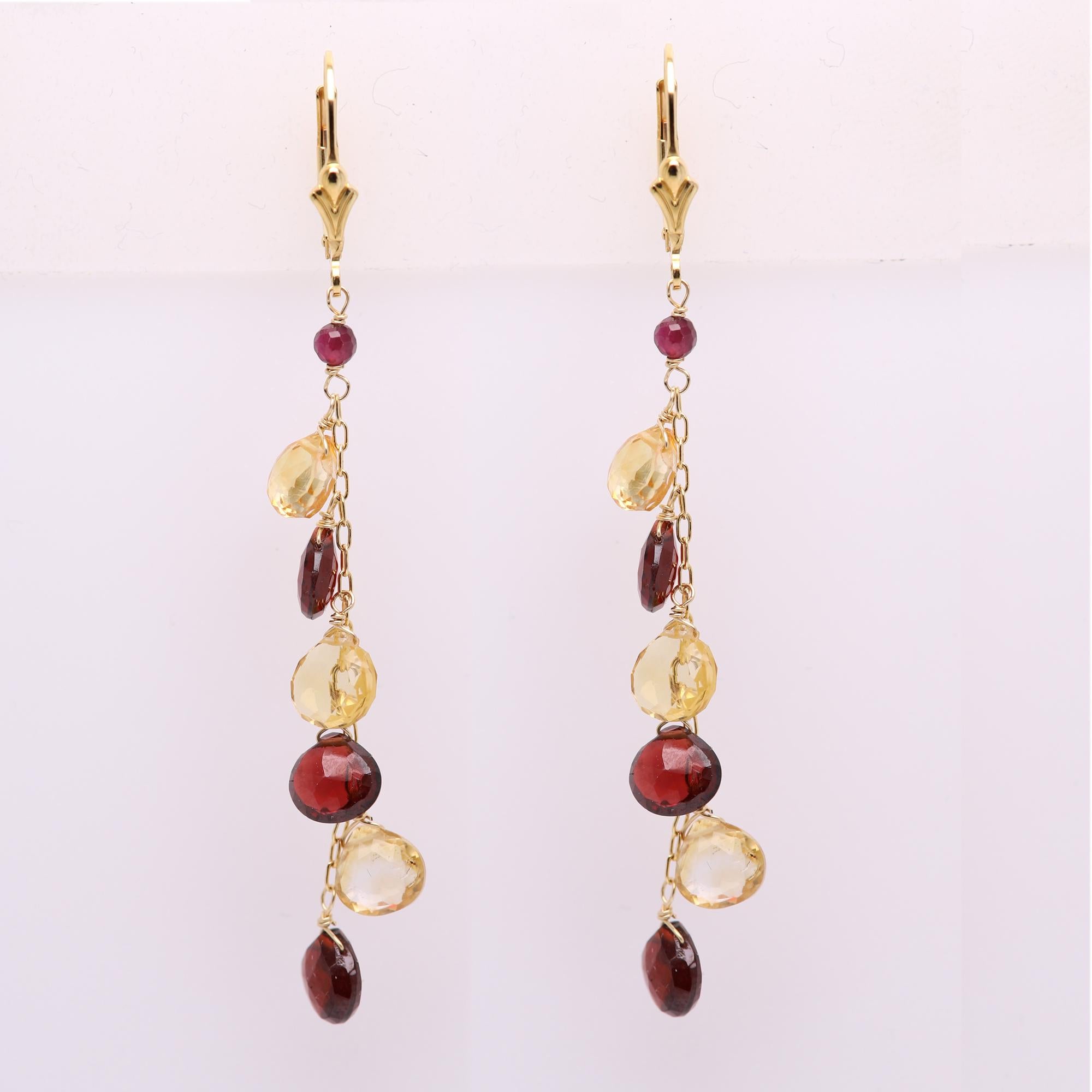 Dangling Earrings Multi Color Semi Precious Gems 14 Karat Yellow Gold In New Condition For Sale In Brooklyn, NY