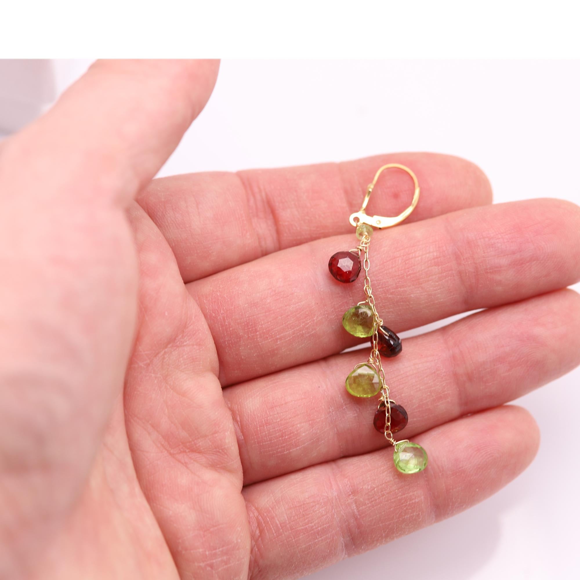 Heart Cut Dangling Earrings Multi Color Semi Precious Gems 14 Karat Yellow Gold For Sale