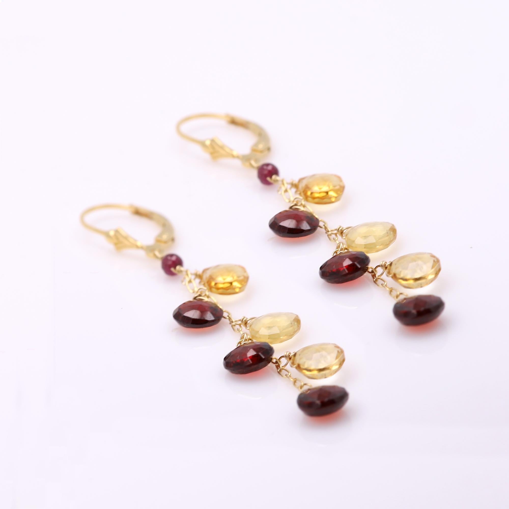 Women's Dangling Earrings Multi Color Semi Precious Gems 14 Karat Yellow Gold For Sale
