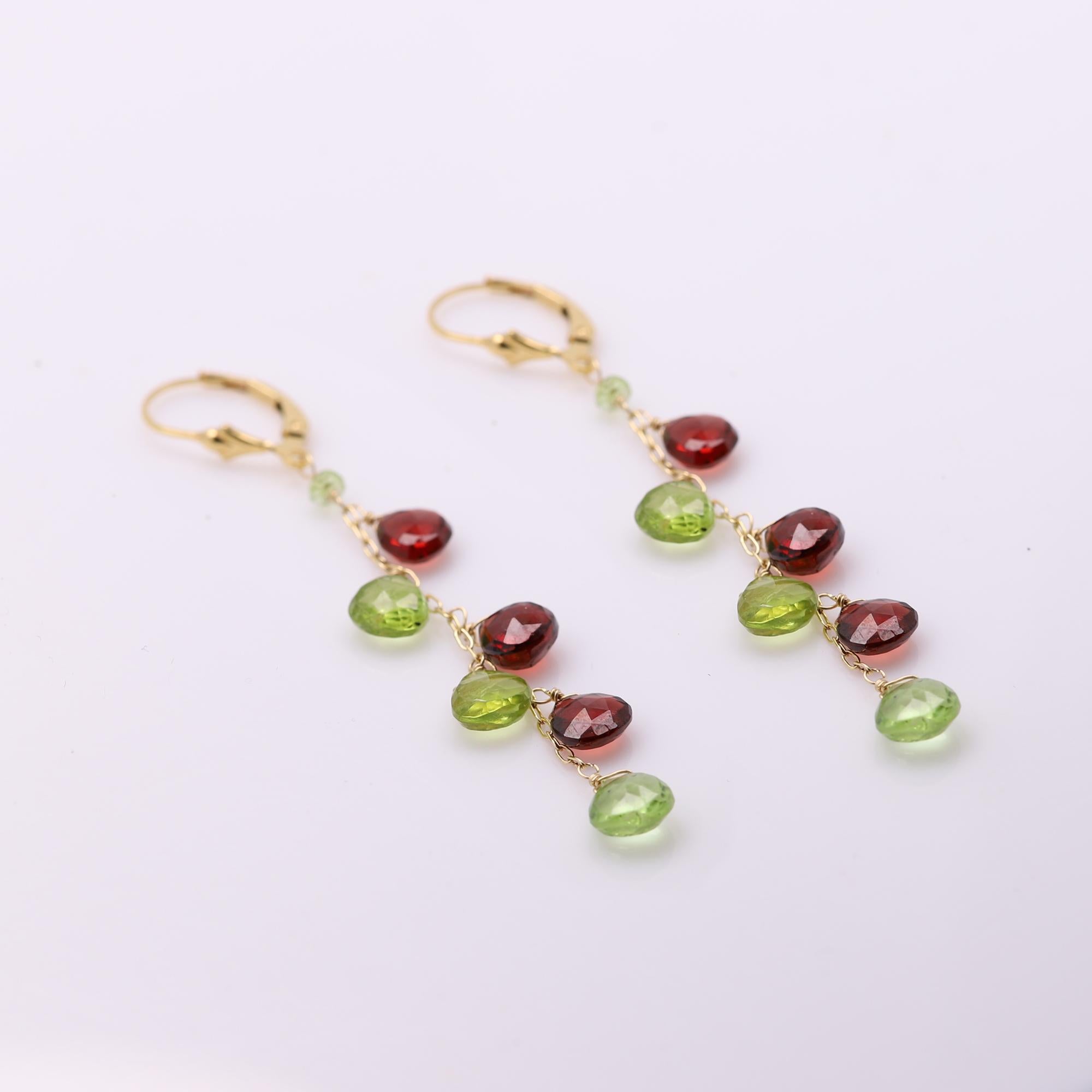 Dangling Earrings Multi Color Semi Precious Gems 14 Karat Yellow Gold In New Condition For Sale In Brooklyn, NY