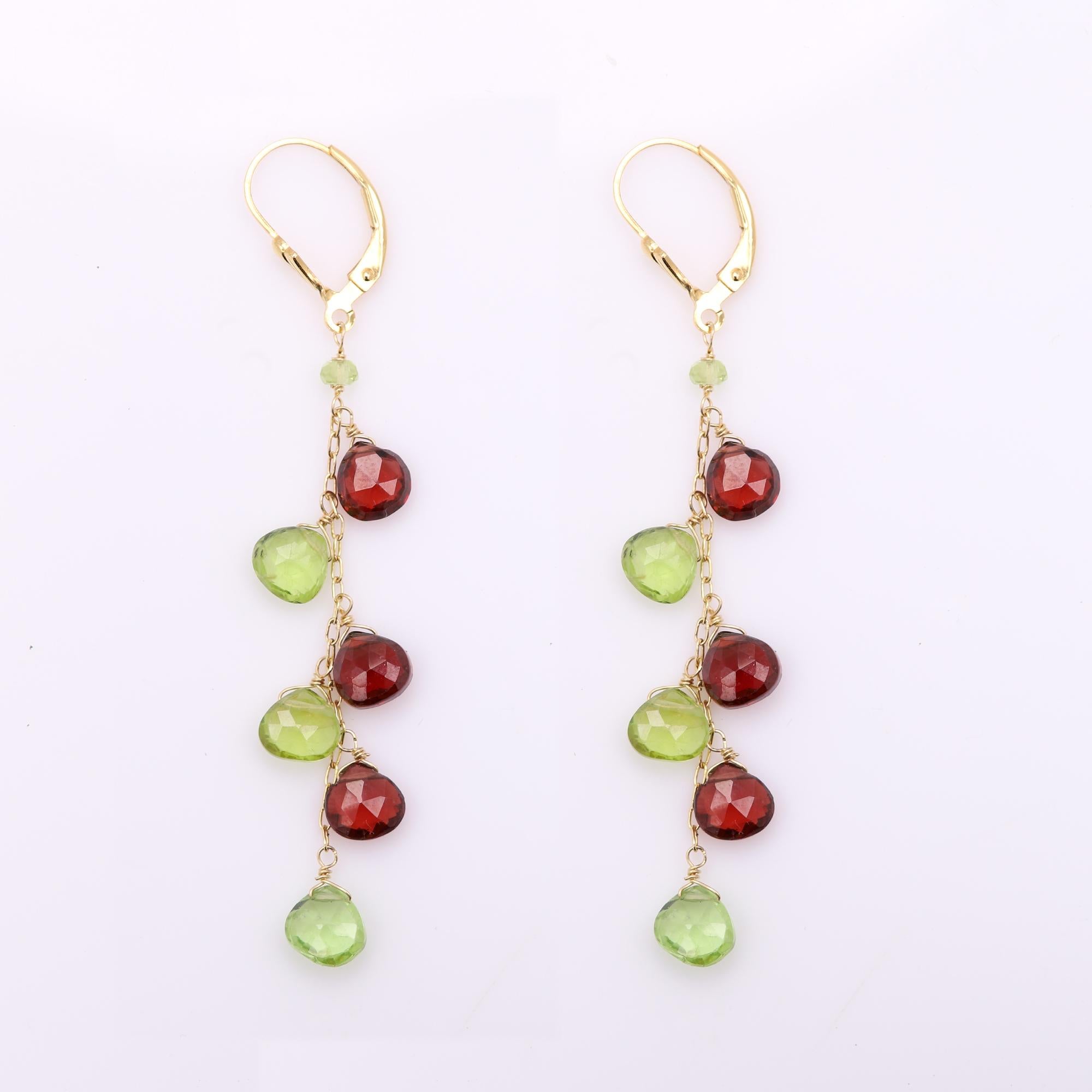 Women's Dangling Earrings Multi Color Semi Precious Gems 14 Karat Yellow Gold For Sale