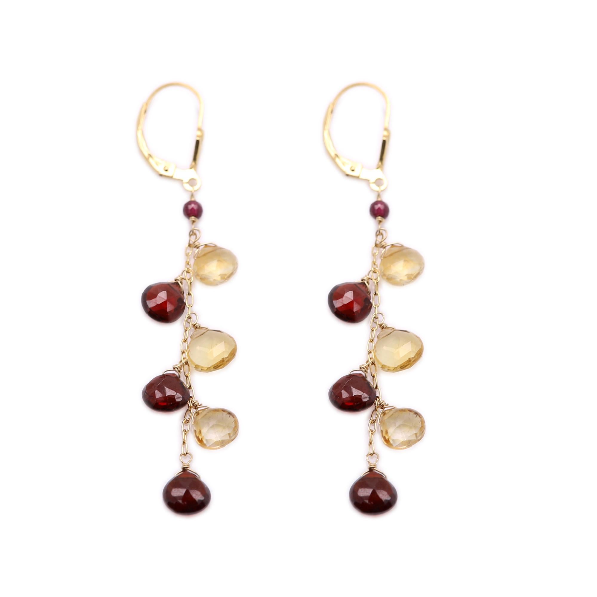 Dangling Earrings Multi Color Semi Precious Gems 14 Karat Yellow Gold For Sale 2