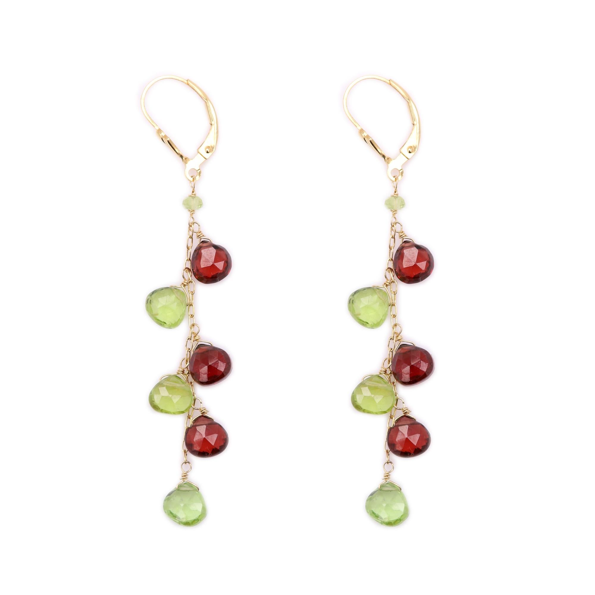 Dangling Earrings Multi Color Semi Precious Gems 14 Karat Yellow Gold For Sale 1