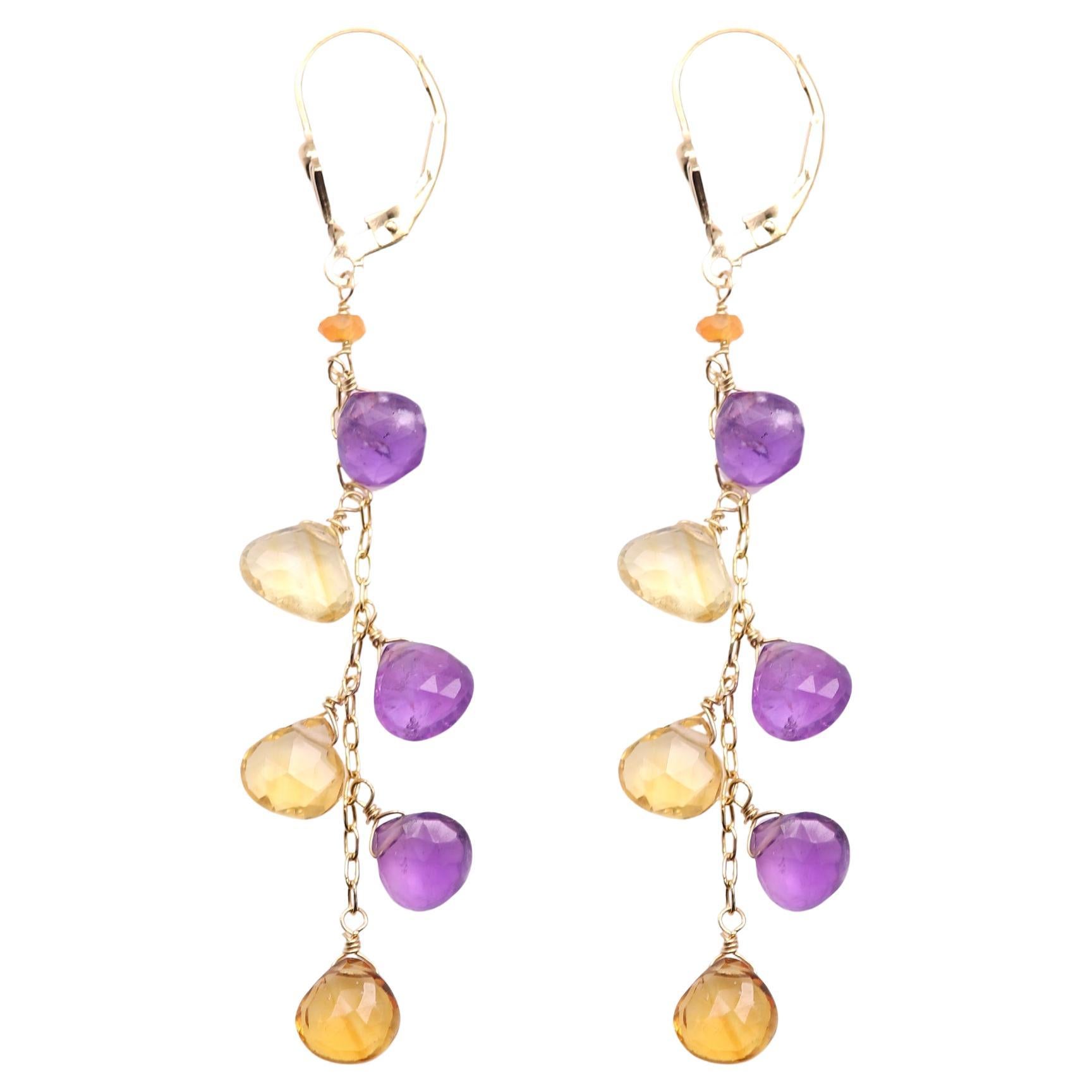 Boucles d'oreilles pendantes en or jaune 14 carats avec pierres semi-précieuses multicolores