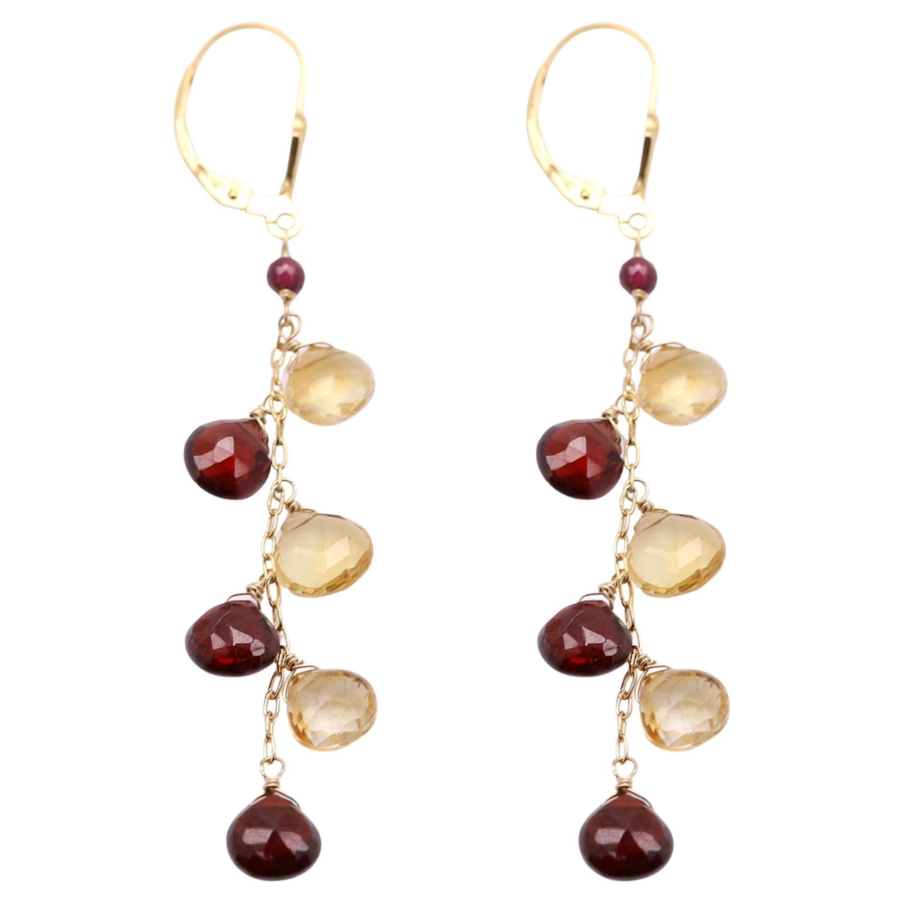Dangling Earrings Multi Color Semi Precious Gems 14 Karat Yellow Gold