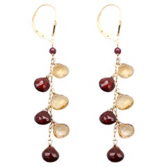 Dangling Earrings Multi Color Semi Precious Gems 14 Karat Yellow Gold