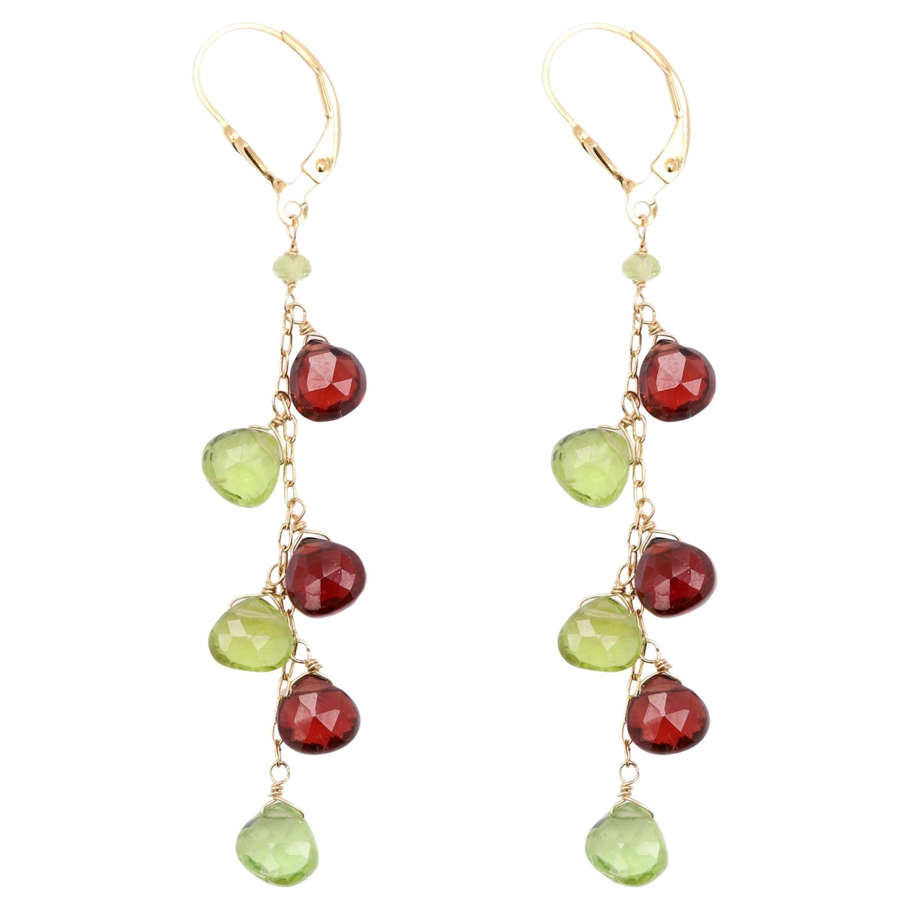 Boucles d'oreilles pendantes en or jaune 14 carats avec pierres semi-précieuses multicolores