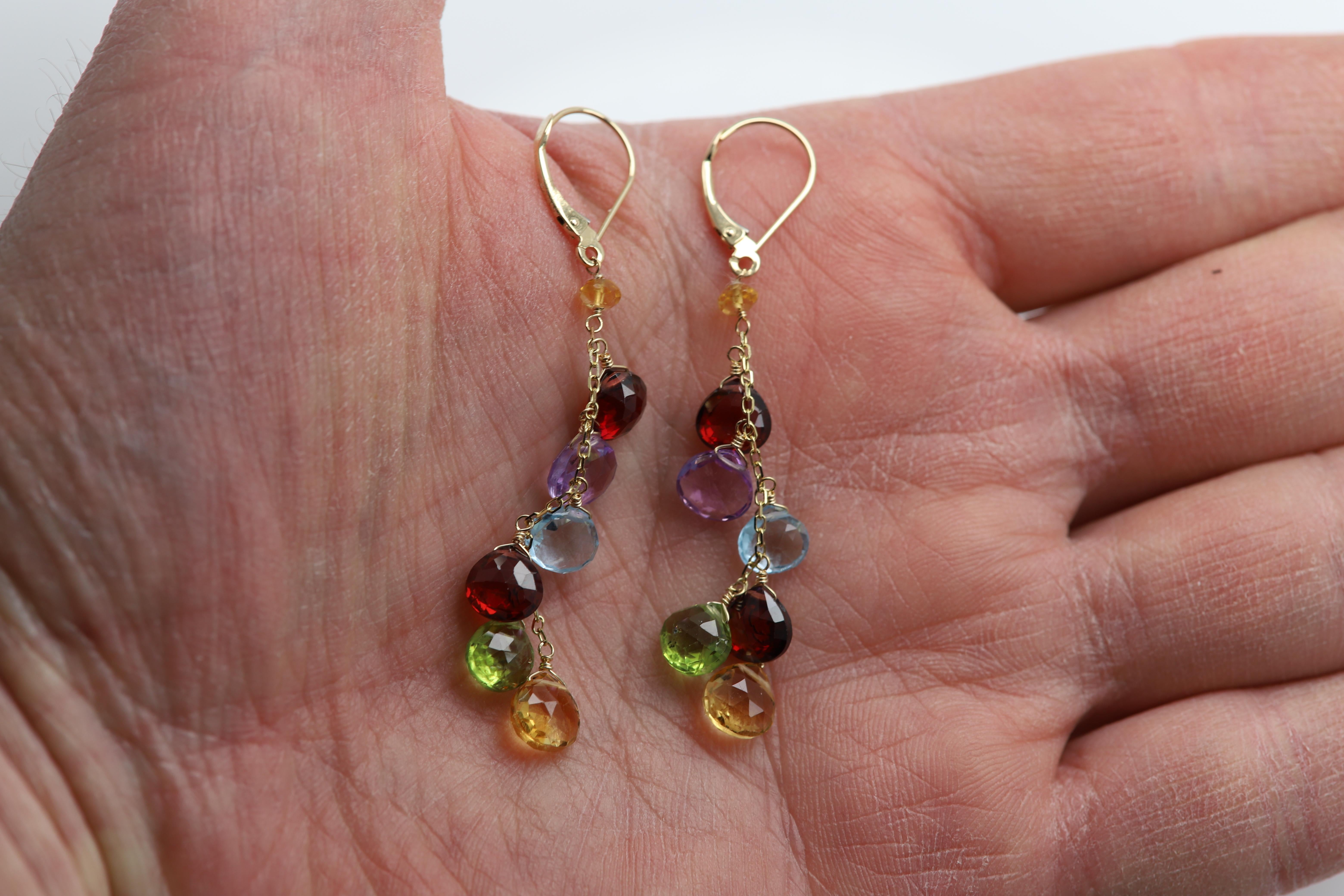 Pendientes Colgantes Gemas Semipreciosas Multicolor Oro Amarillo 14k Corte de corazón en venta