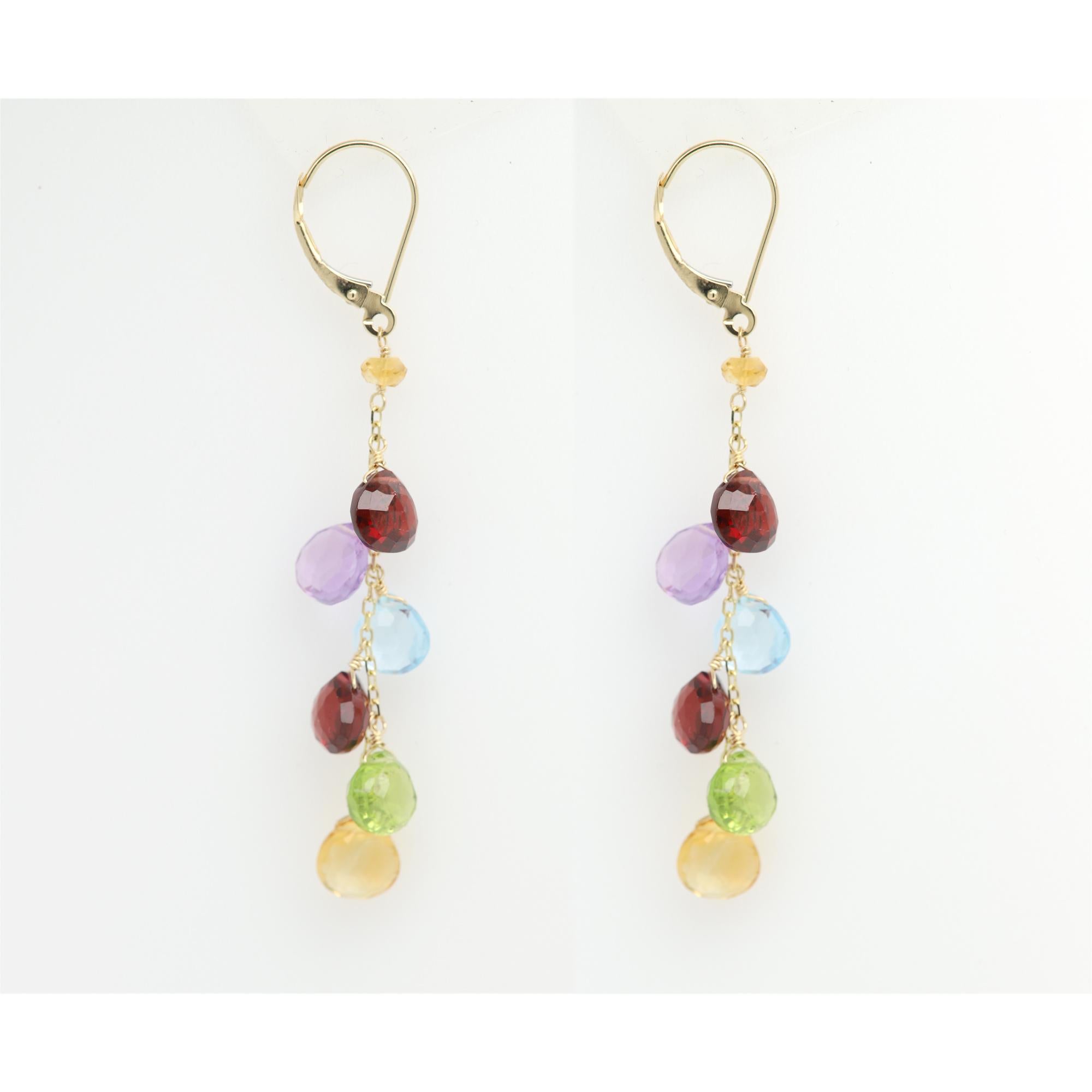 Dangling Earrings Multi Color Semi Precious Gems 14k Yellow Gold  In New Condition For Sale In Brooklyn, NY