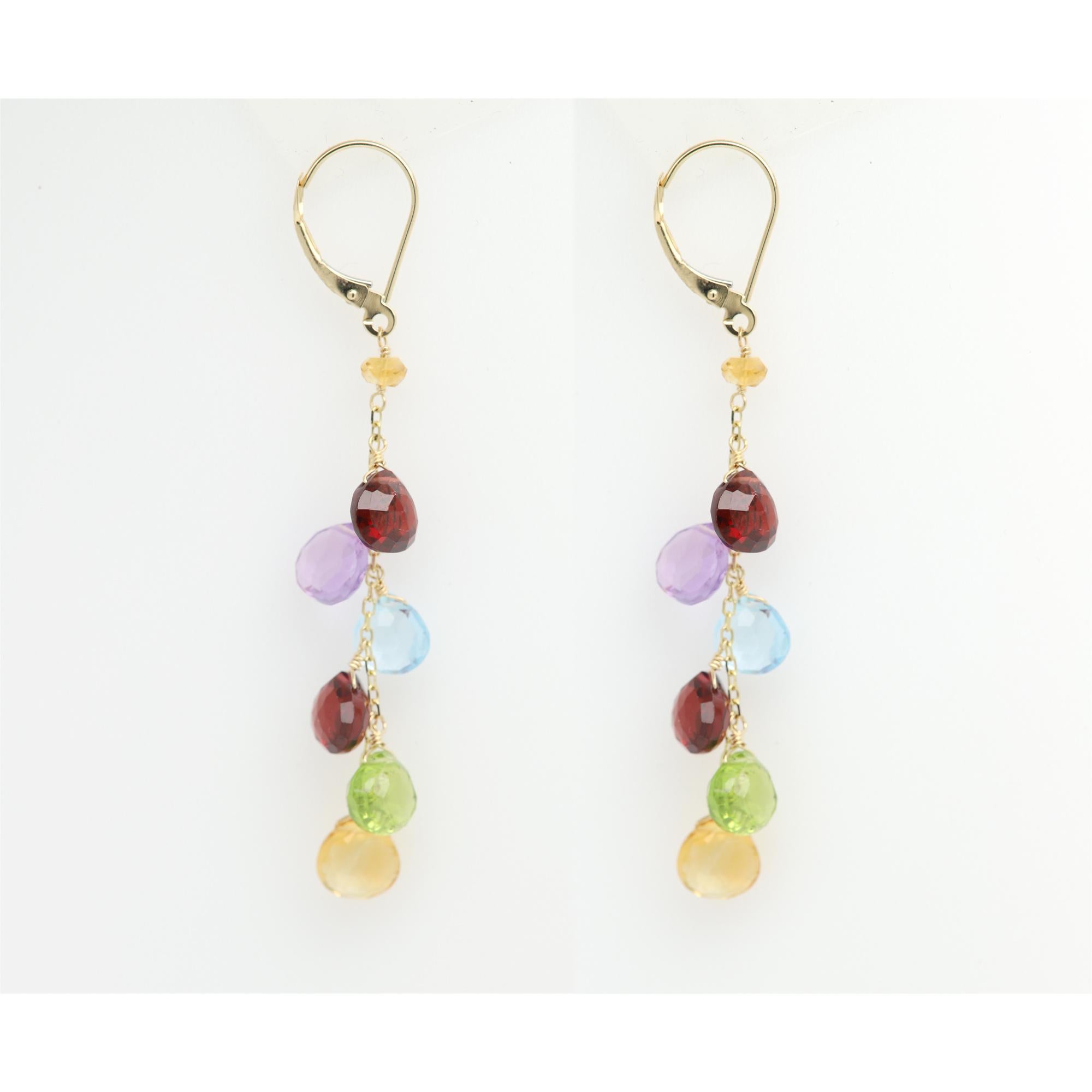 Pendientes Colgantes Gemas Semipreciosas Multicolor Oro Amarillo 14k en venta 1