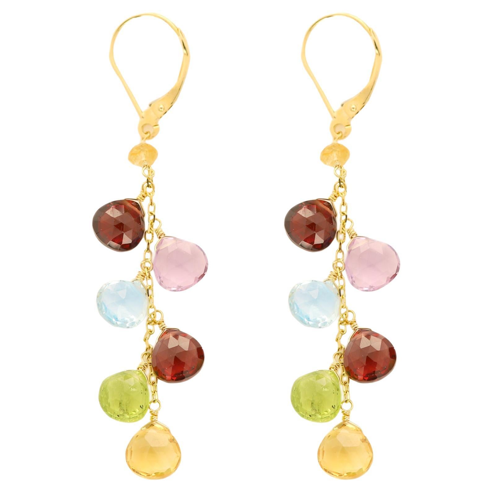 Boucles d'oreilles pendantes en or jaune 14 carats avec pierres semi-précieuses multicolores 