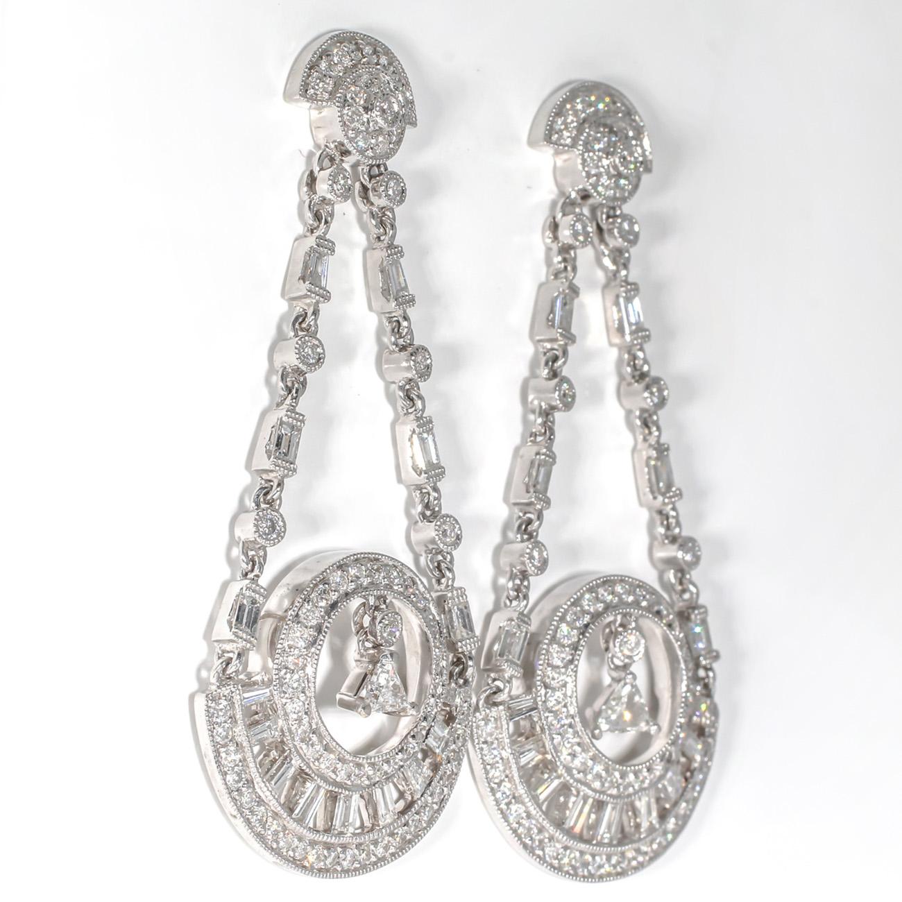 Round Cut Dangling Earrings w/ Multi Shaped Diamonds.  D2.25ct.t.w. For Sale