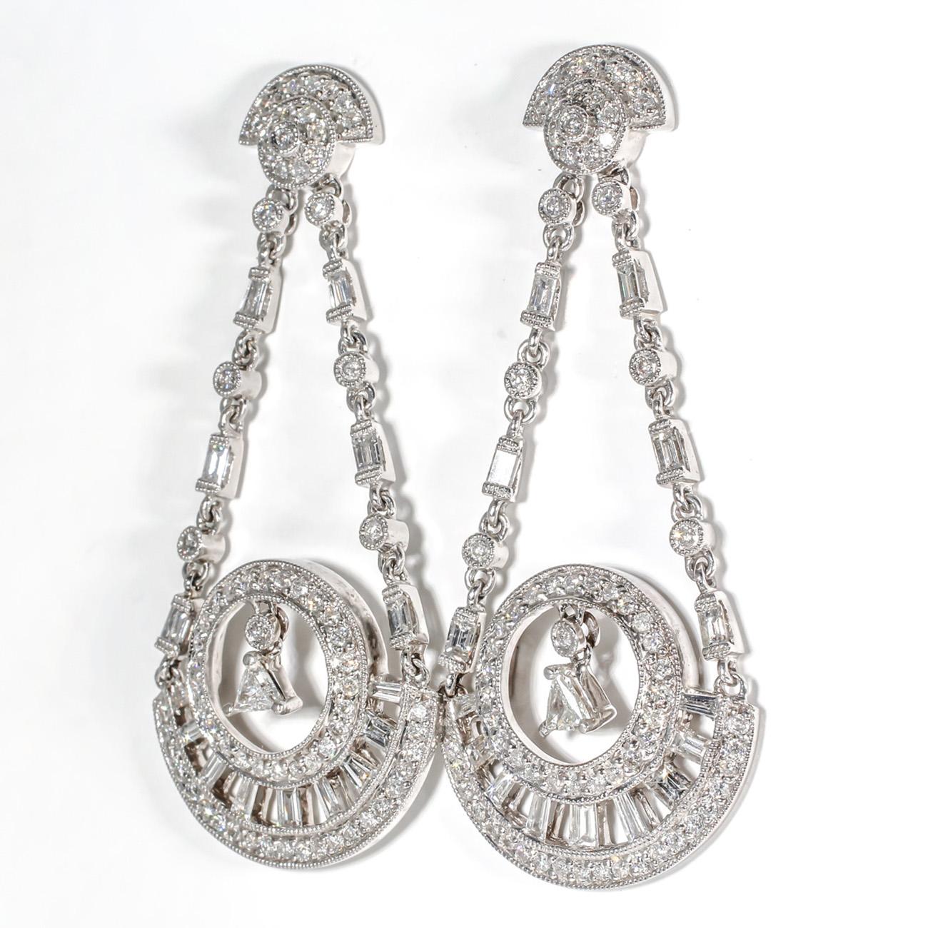 Women's Dangling Earrings w/ Multi Shaped Diamonds.  D2.25ct.t.w. For Sale