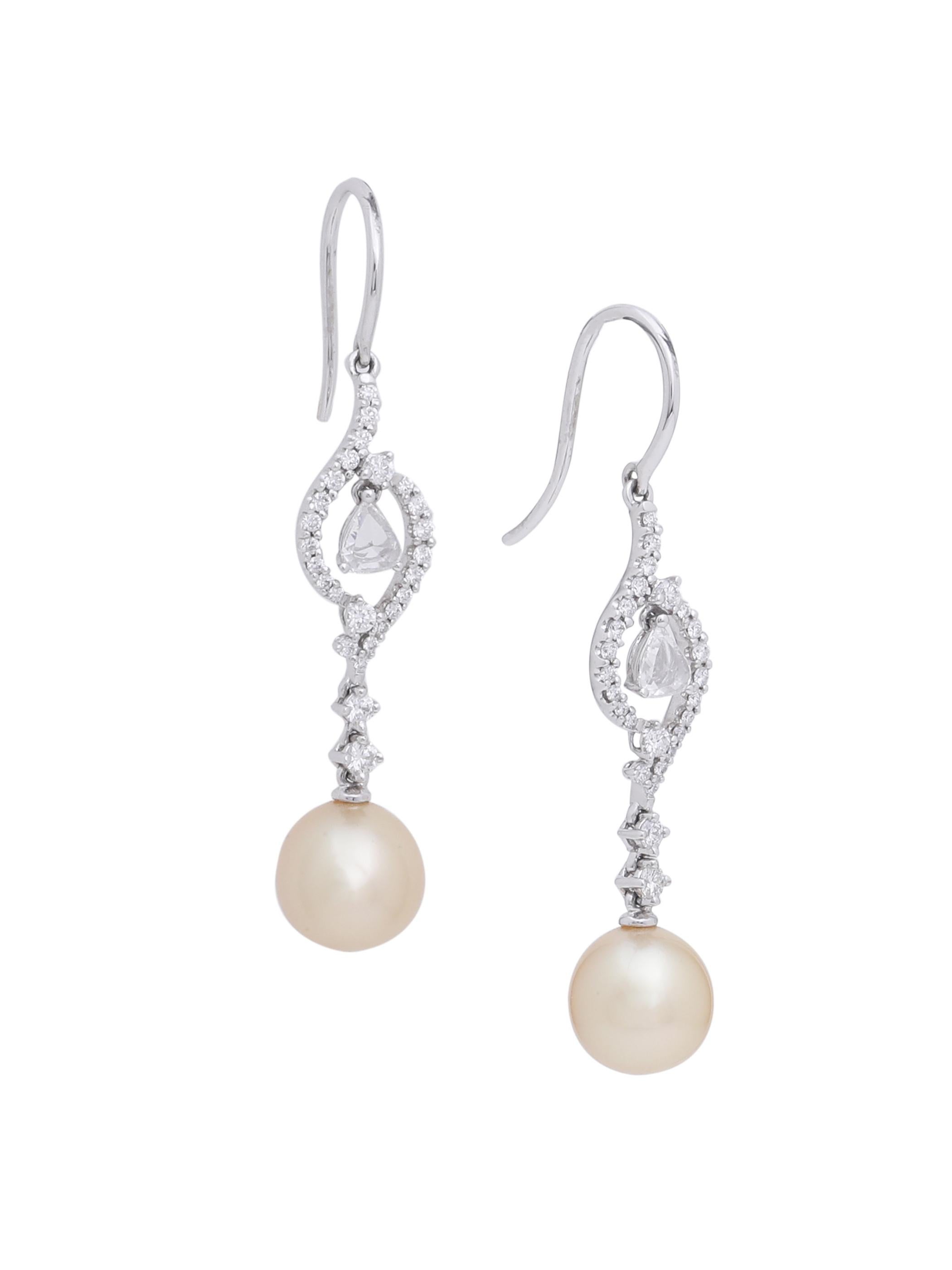 Pear Cut Dangling Earrings with Diamond and South Sea Pearls Set in 18 Karat White Gold