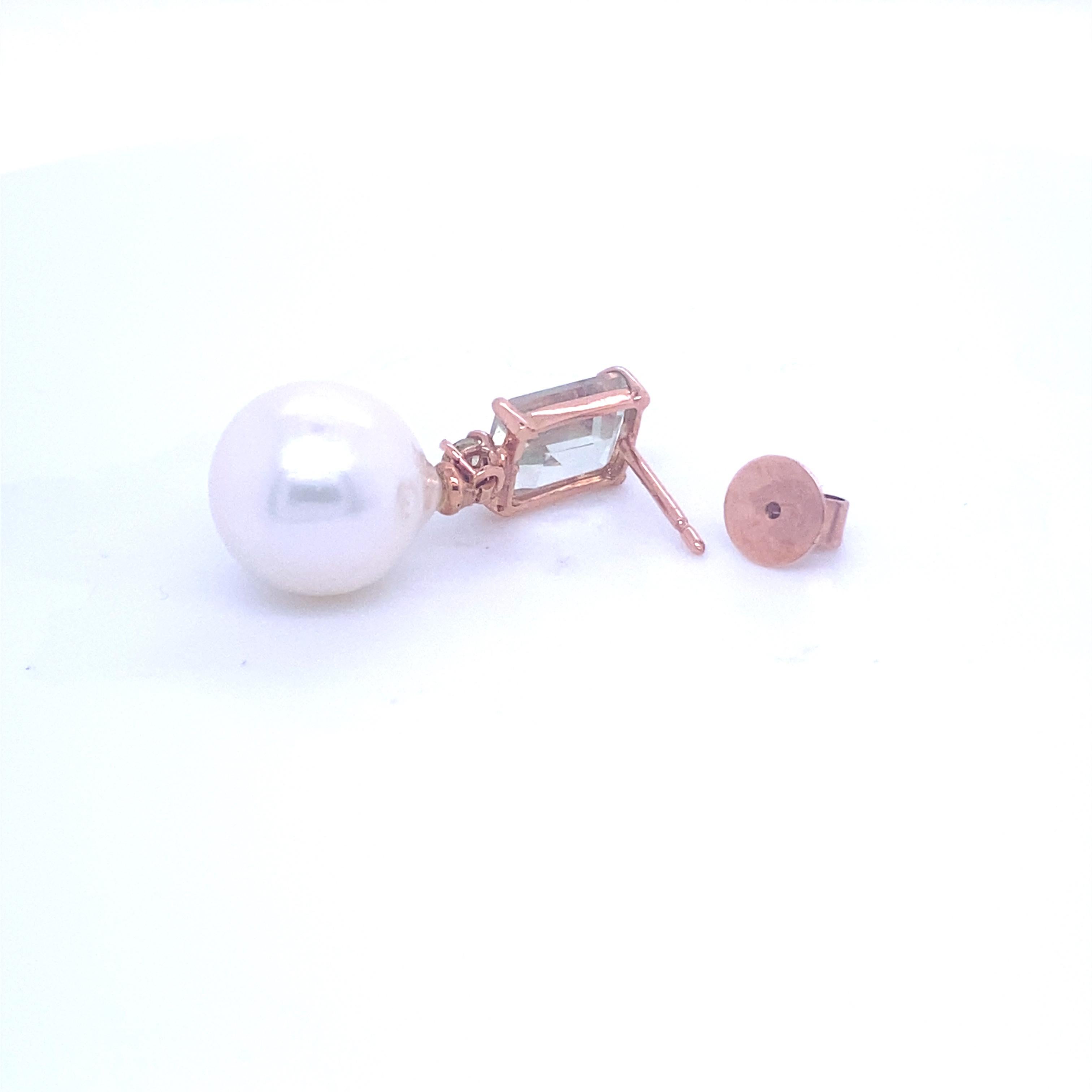 Women's or Men's Dangling Earrings with Green Amethyst, Green Sapphire and a Pearl Pink Gold For Sale