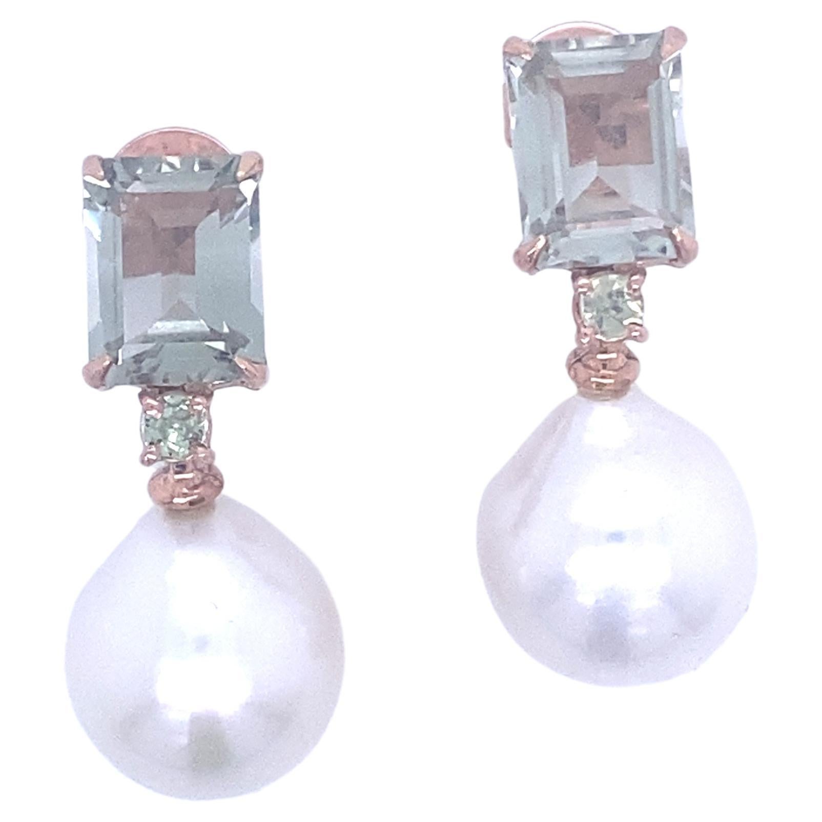 Dangling Earrings with Green Amethyst, Green Sapphire and a Pearl Pink Gold For Sale