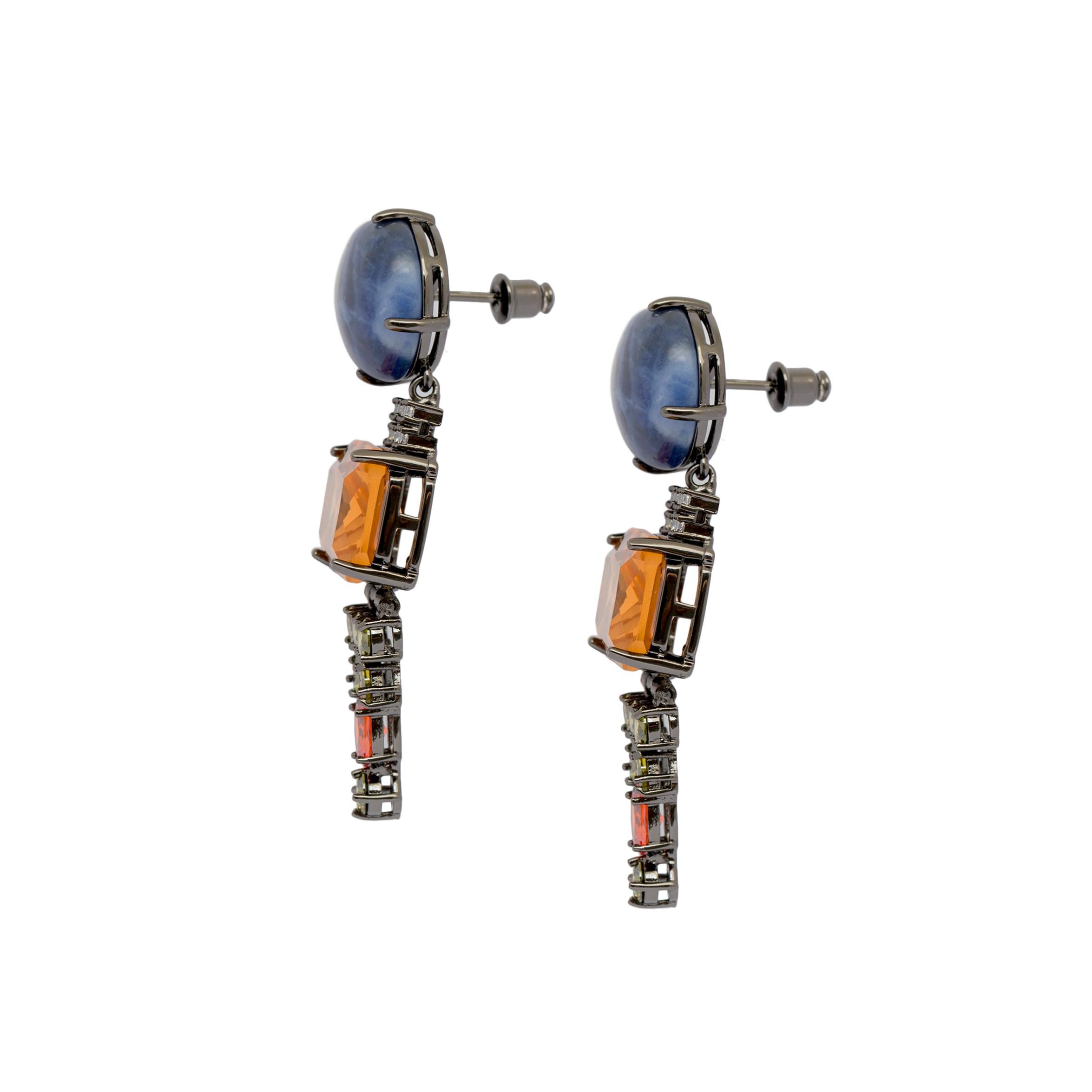 Contemporary Dangling Earrings with Sodalite and colorful flur zircons from IOSSELLIANI For Sale
