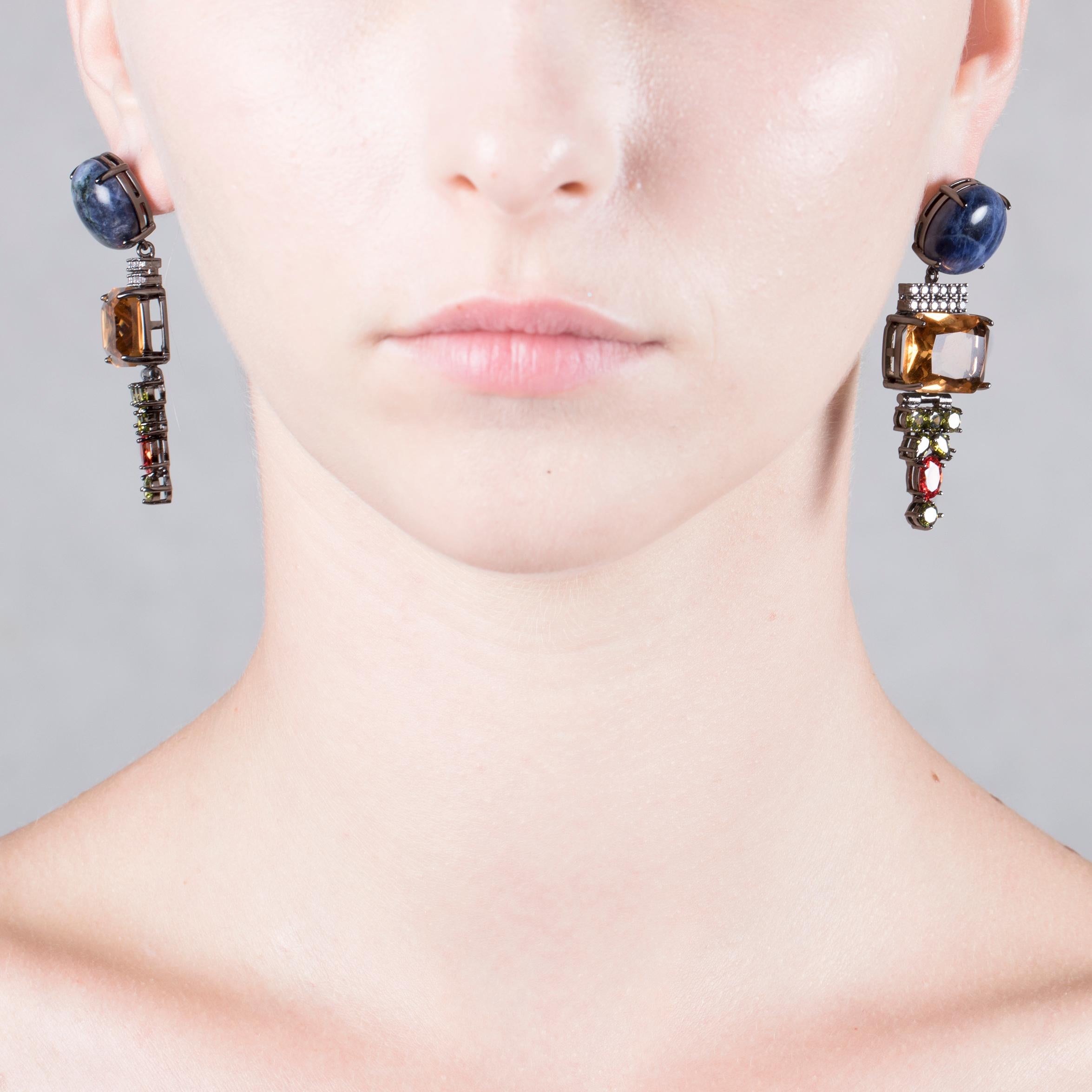 Octagon Cut Dangling Earrings with Sodalite and colorful flur zircons from IOSSELLIANI For Sale