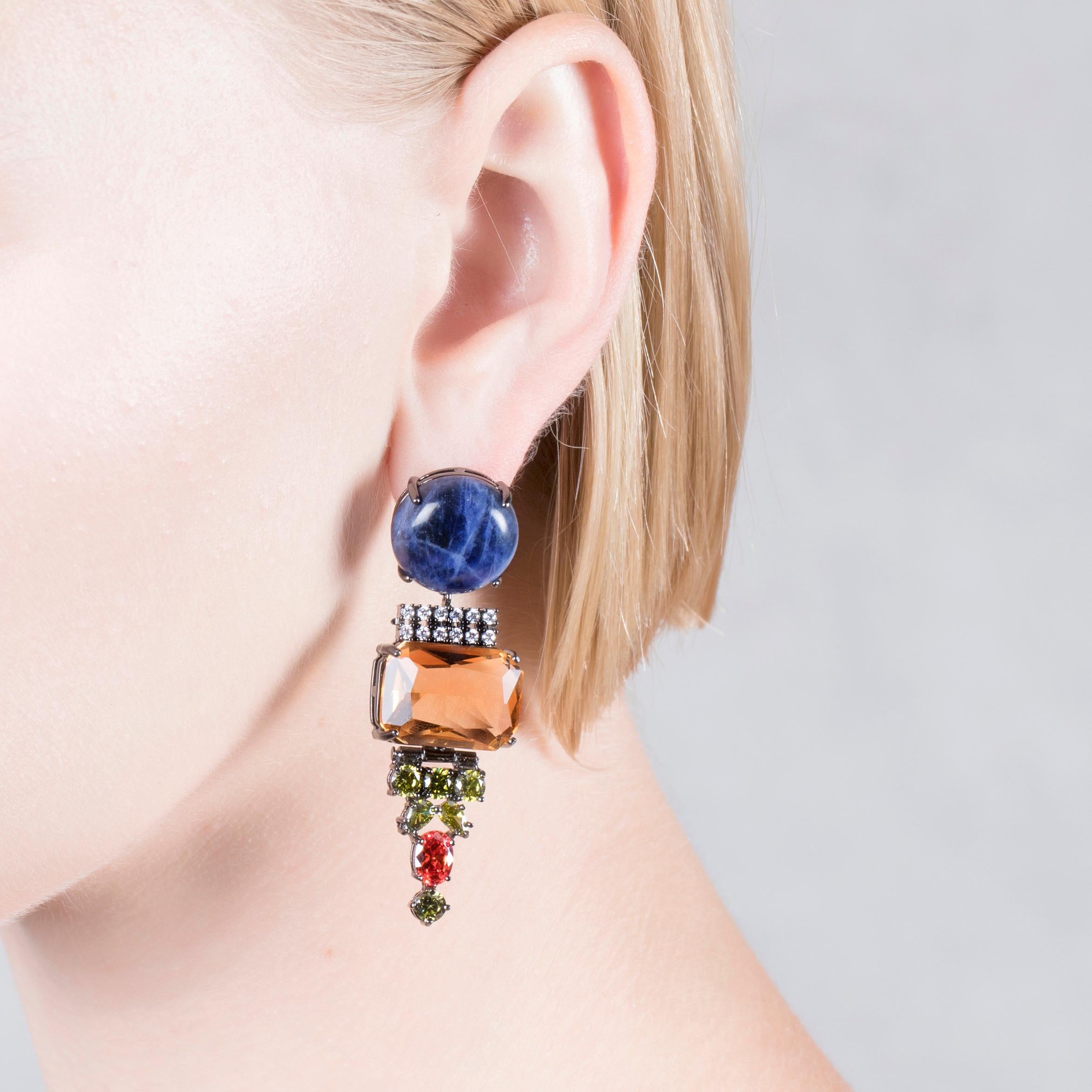 Dangling Earrings with Sodalite and colorful flur zircons from IOSSELLIANI In New Condition For Sale In Rome, IT