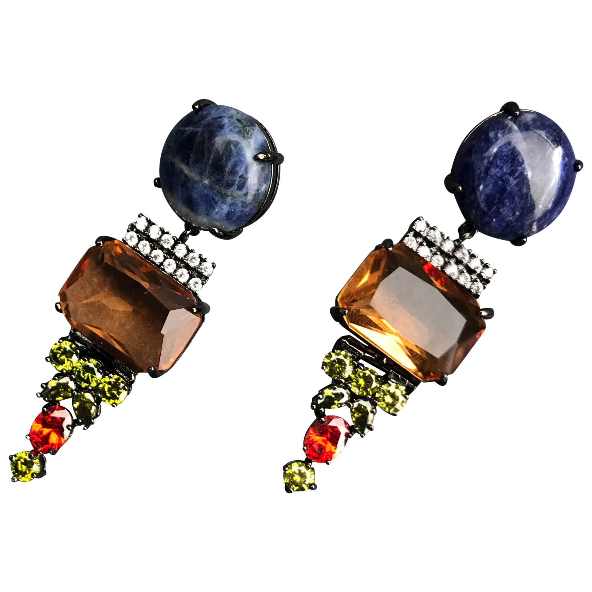 Dangling Earrings with Sodalite and colorful flur zircons from IOSSELLIANI For Sale
