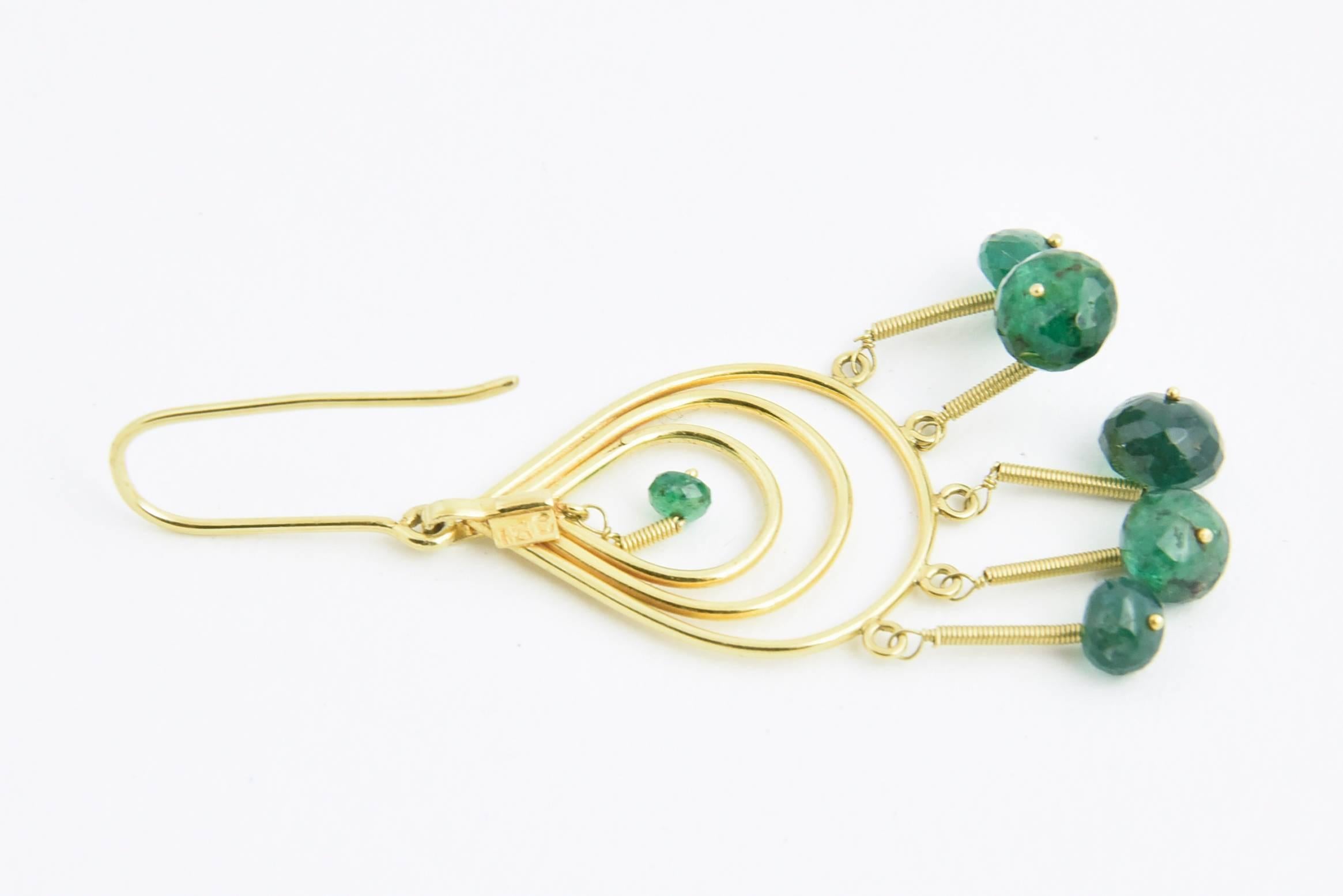 Women's or Men's Dangling Emerald Gold Teardrop Earrings