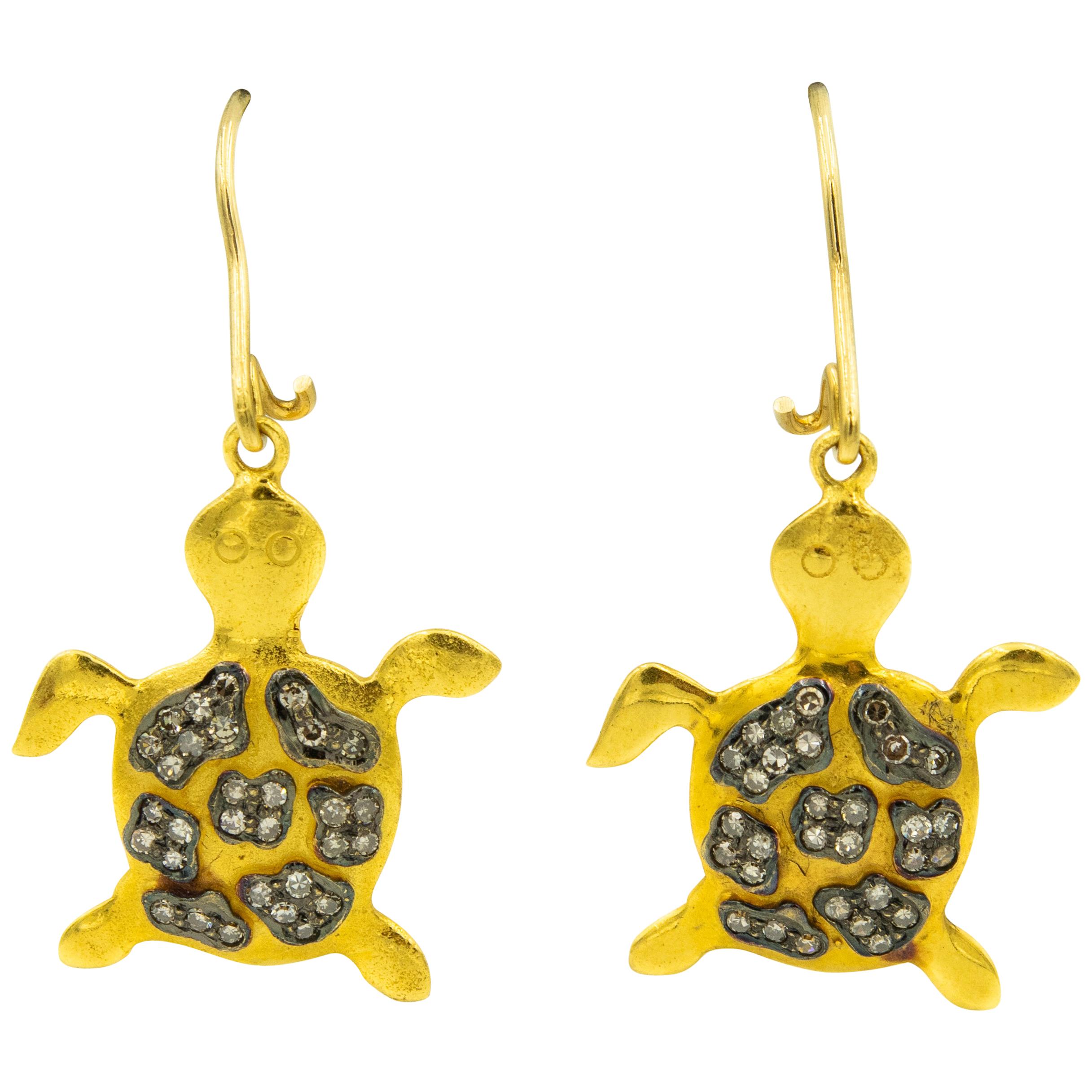 Dangling Figural Turtle Diamond Yellow Gold Earrings For Sale