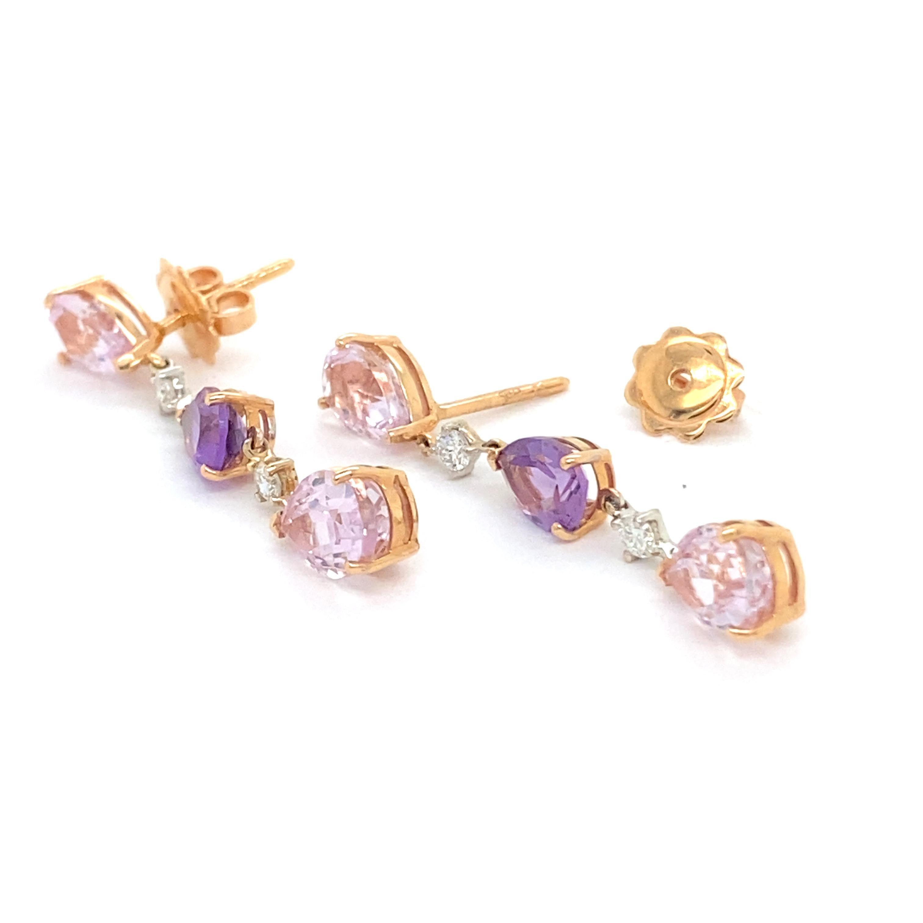 Check out these stunning French drop earrings from our collection by Mesure et Art du Temps, showcasing diamonds, amethysts and kunzites.

Each earring is adorned with 4 brilliant cut F/G diamonds with a total weight of 0.21 carat. These premium